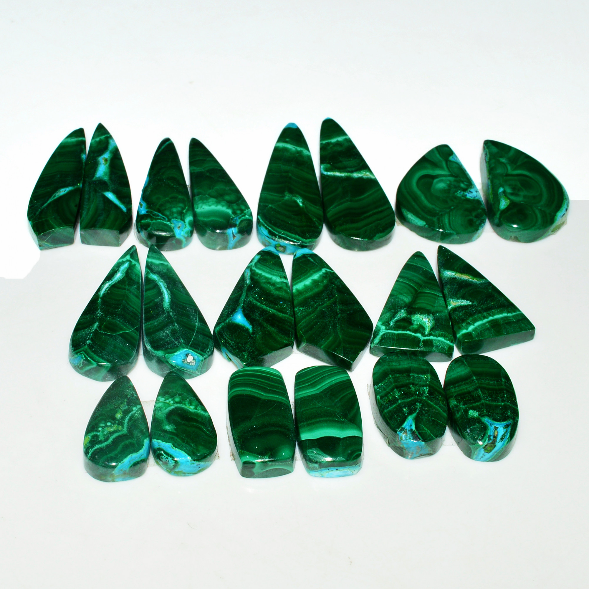 10 Pairs 258Cts Natural Malachite Loose Gemstone Cabochon Pair Lot for Silver Earrings 30x10 16x8mm 19092