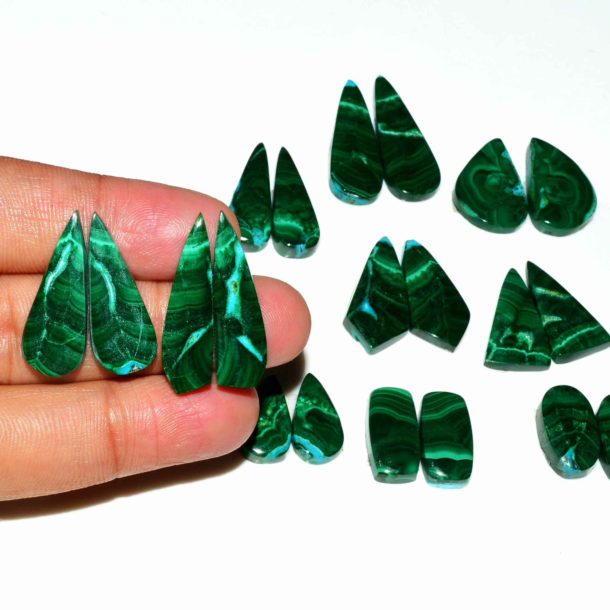 10 Pairs 258Cts Natural Malachite Loose Gemstone Cabochon Pair Lot for Silver Earrings 30x10 16x8mm 19092