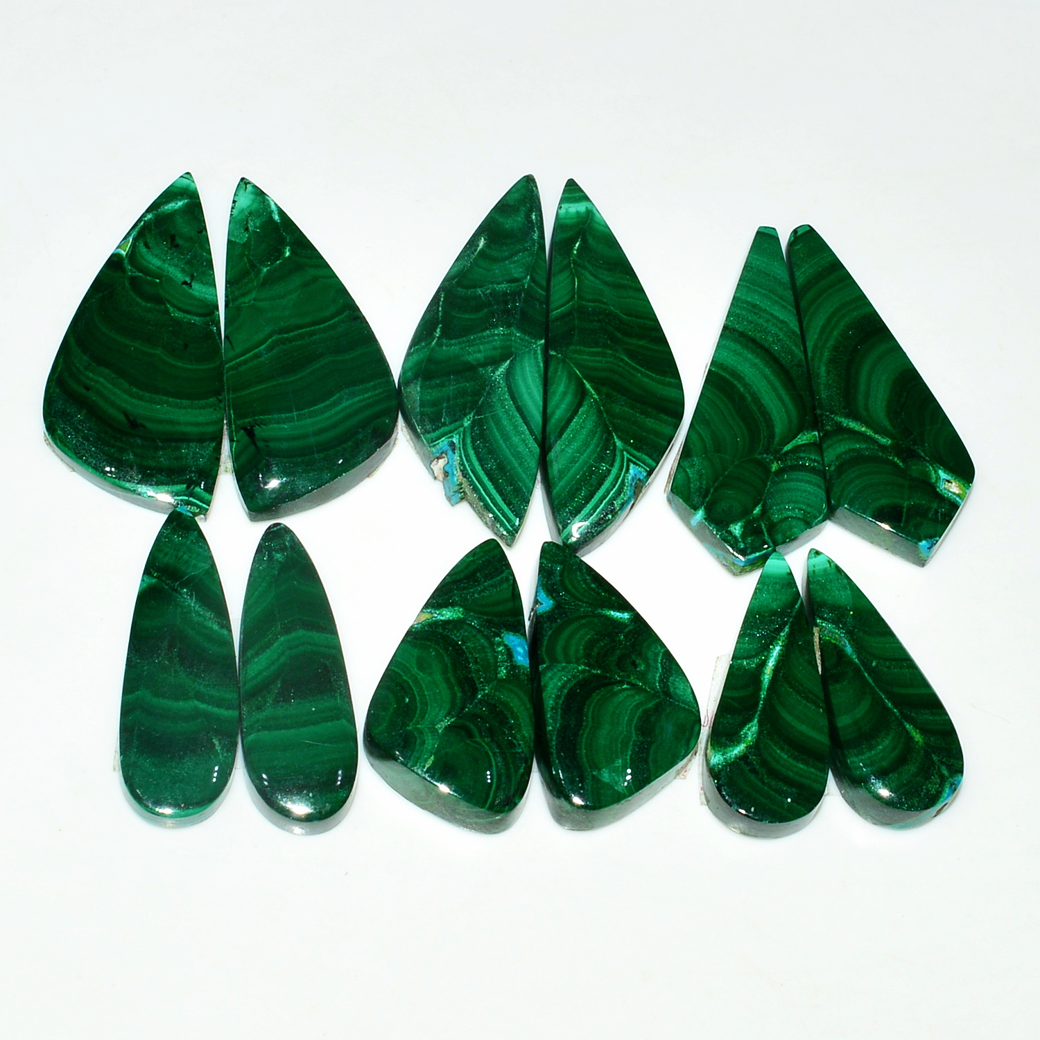 6 Pairs 170Cts Natural Malachite Loose Gemstone Cabochon Pair Lot for Silver Earrings 28x11 21x8mm 19093