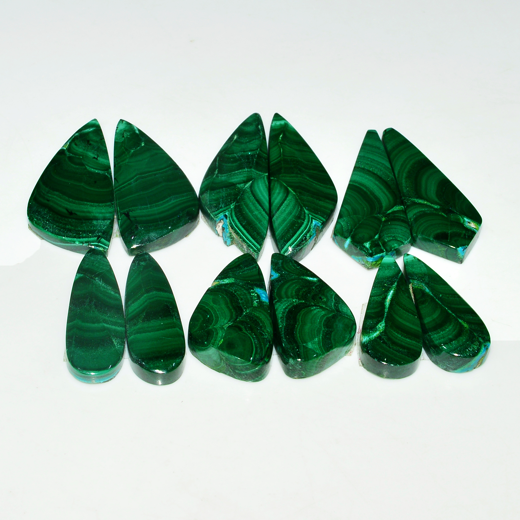 6 Pairs 170Cts Natural Malachite Loose Gemstone Cabochon Pair Lot for Silver Earrings 28x11 21x8mm 19093