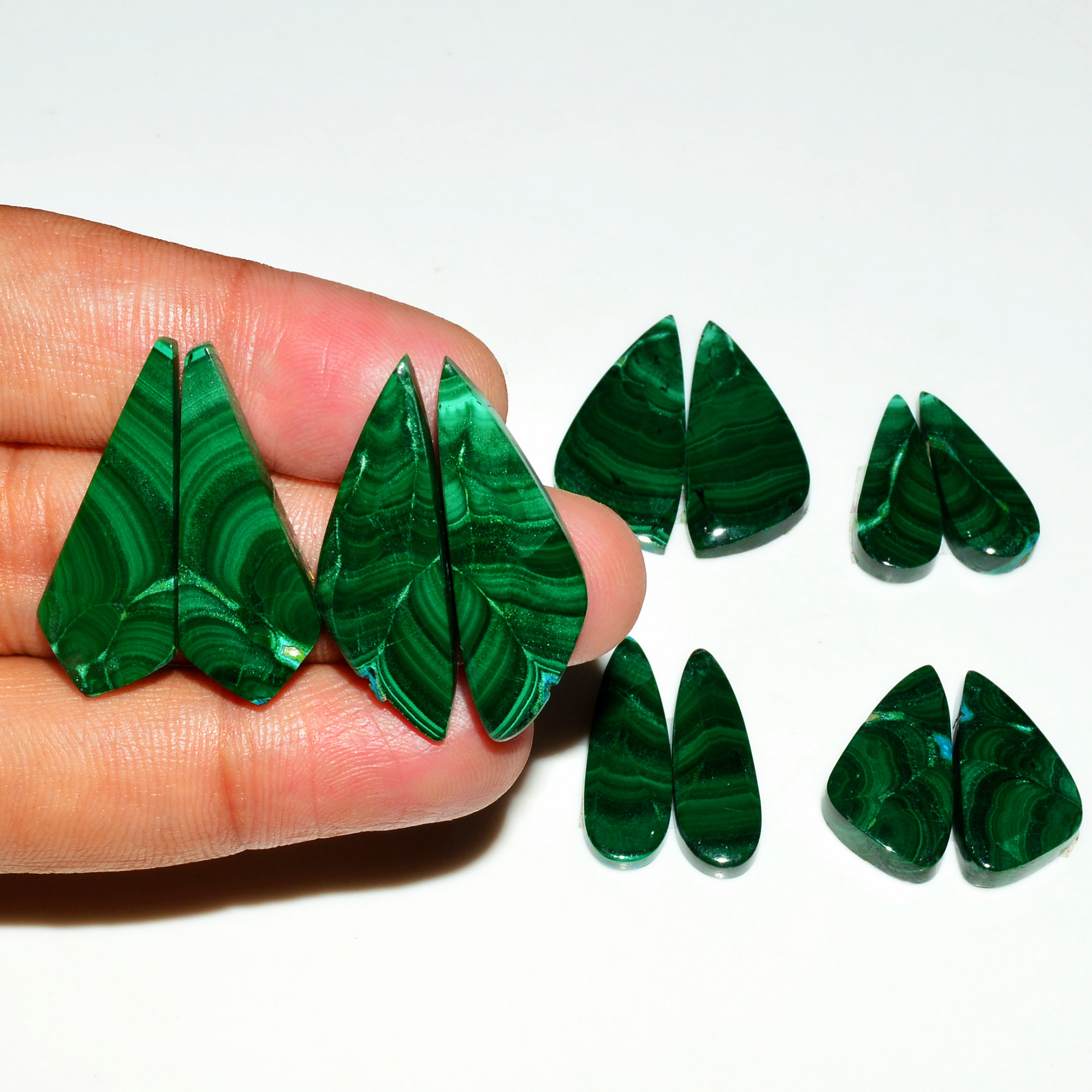 6 Pairs 170Cts Natural Malachite Loose Gemstone Cabochon Pair Lot for Silver Earrings 28x11 21x8mm 19093