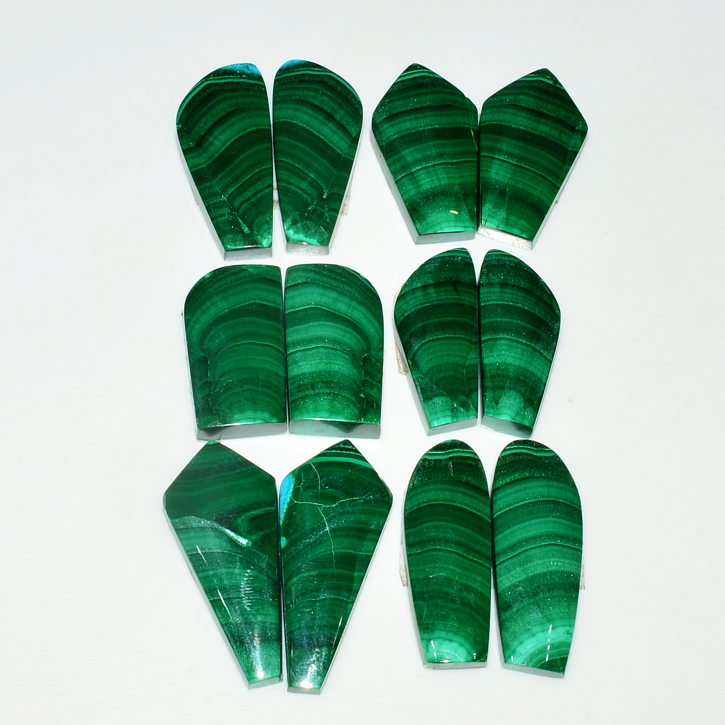 6 Pairs 201Cts Natural Malachite Loose Gemstone Cabochon Pair Lot for Silver Earrings 28x11 19x10mm 19094