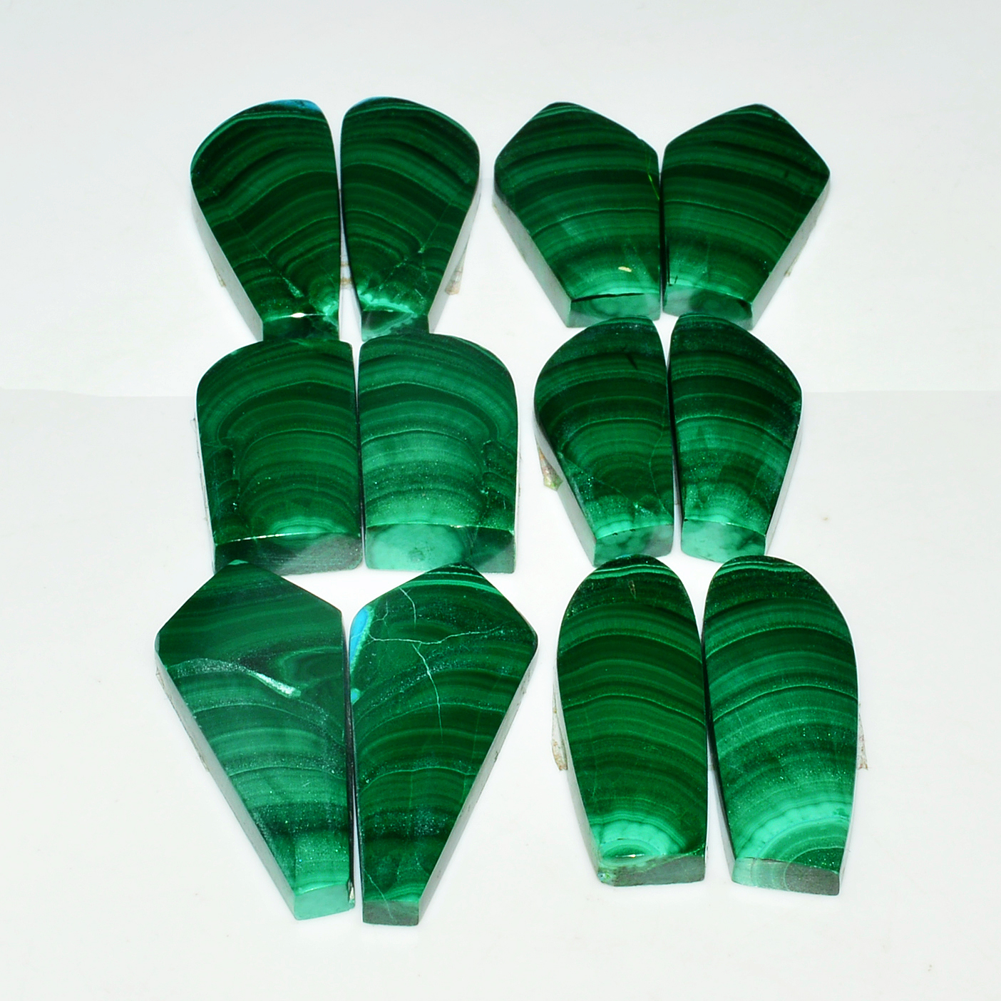 6 Pairs 201Cts Natural Malachite Loose Gemstone Cabochon Pair Lot for Silver Earrings 28x11 19x10mm 19094
