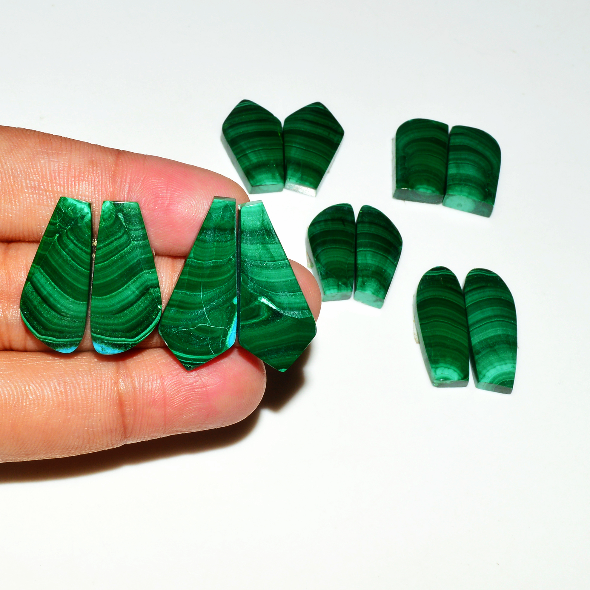 6 Pairs 201Cts Natural Malachite Loose Gemstone Cabochon Pair Lot for Silver Earrings 28x11 19x10mm 19094