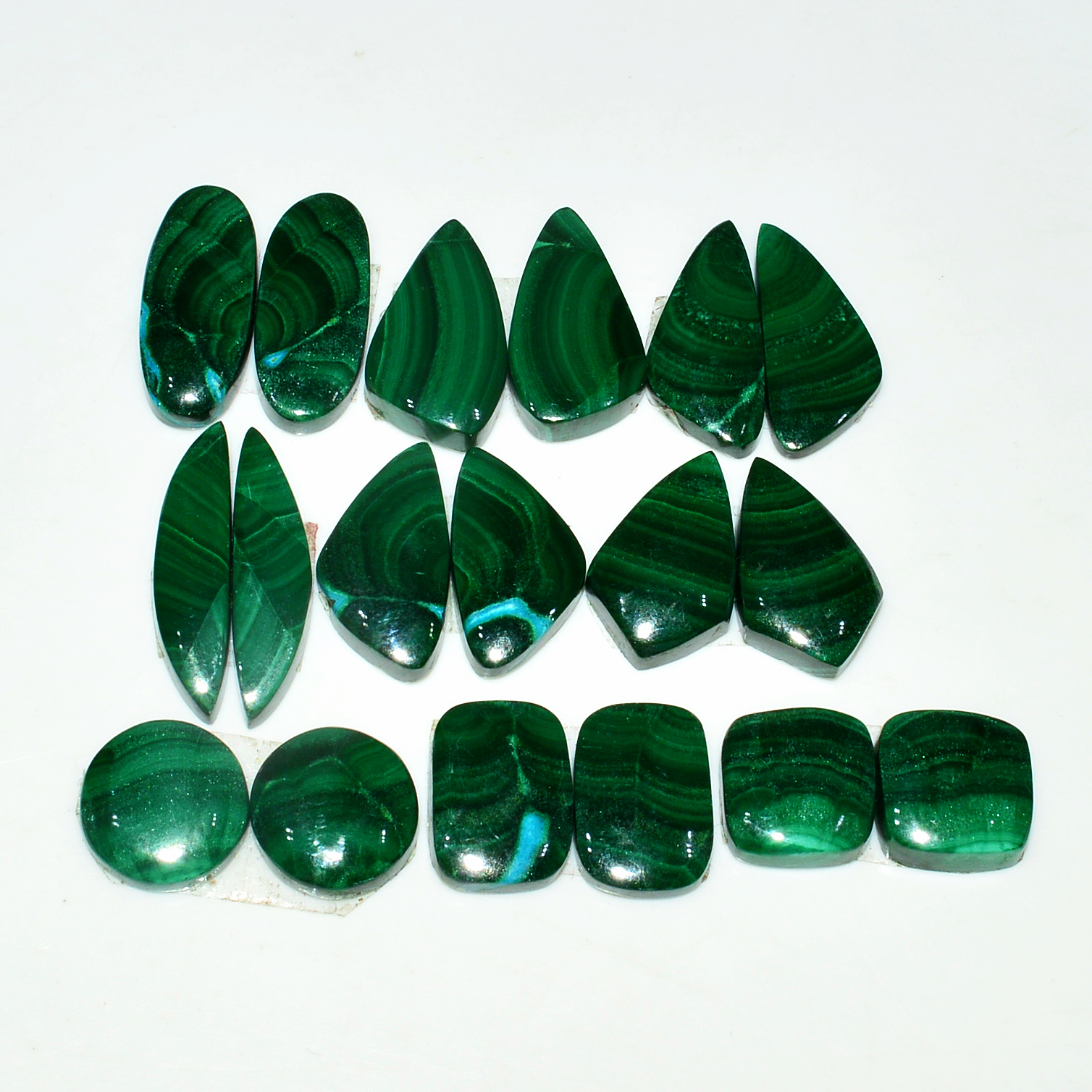 9 Pairs 134Cts Natural Malachite Loose Gemstone Cabochon Pair Lot for Silver Earrings 20x5 10x10mm 19095