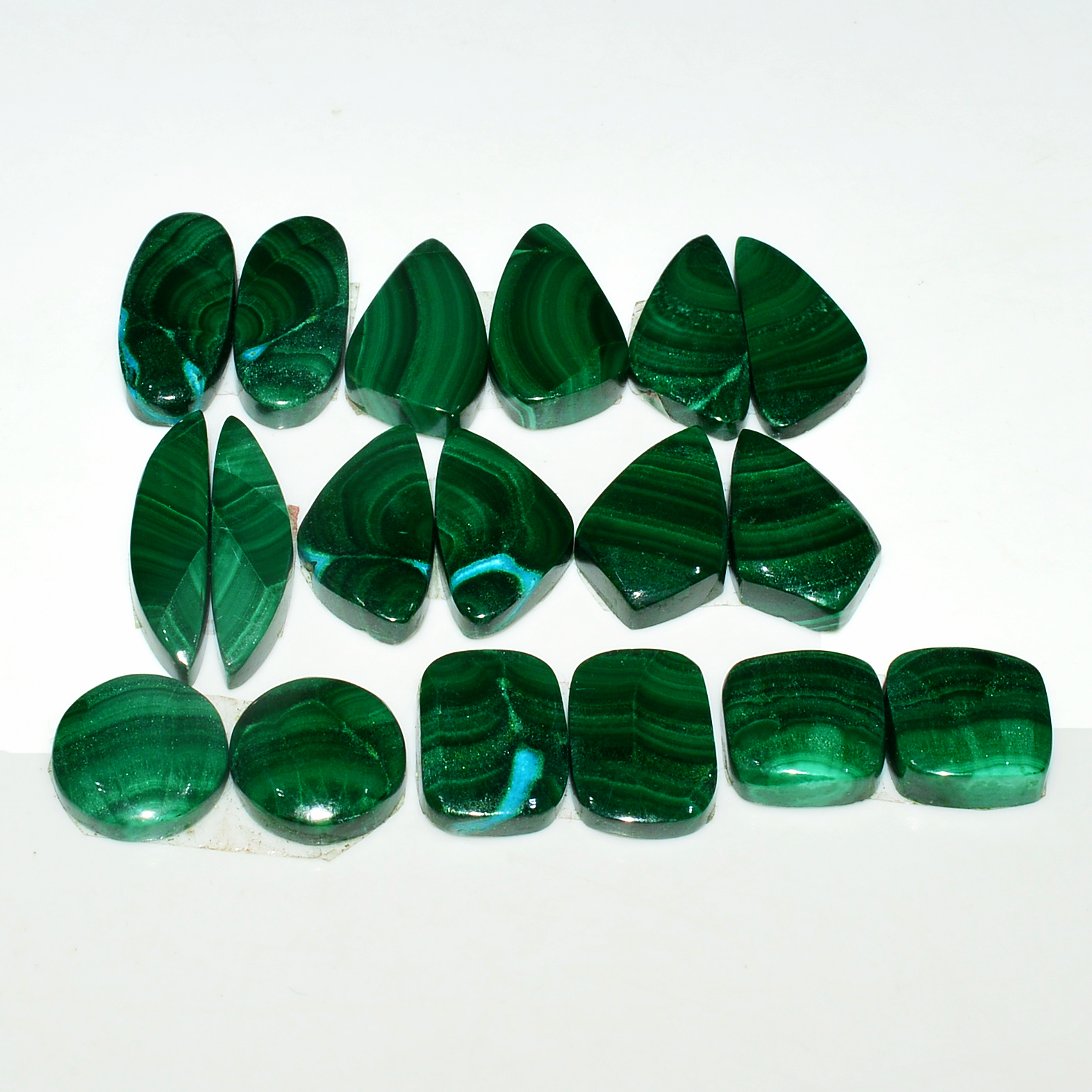 9 Pairs 134Cts Natural Malachite Loose Gemstone Cabochon Pair Lot for Silver Earrings 20x5 10x10mm 19095