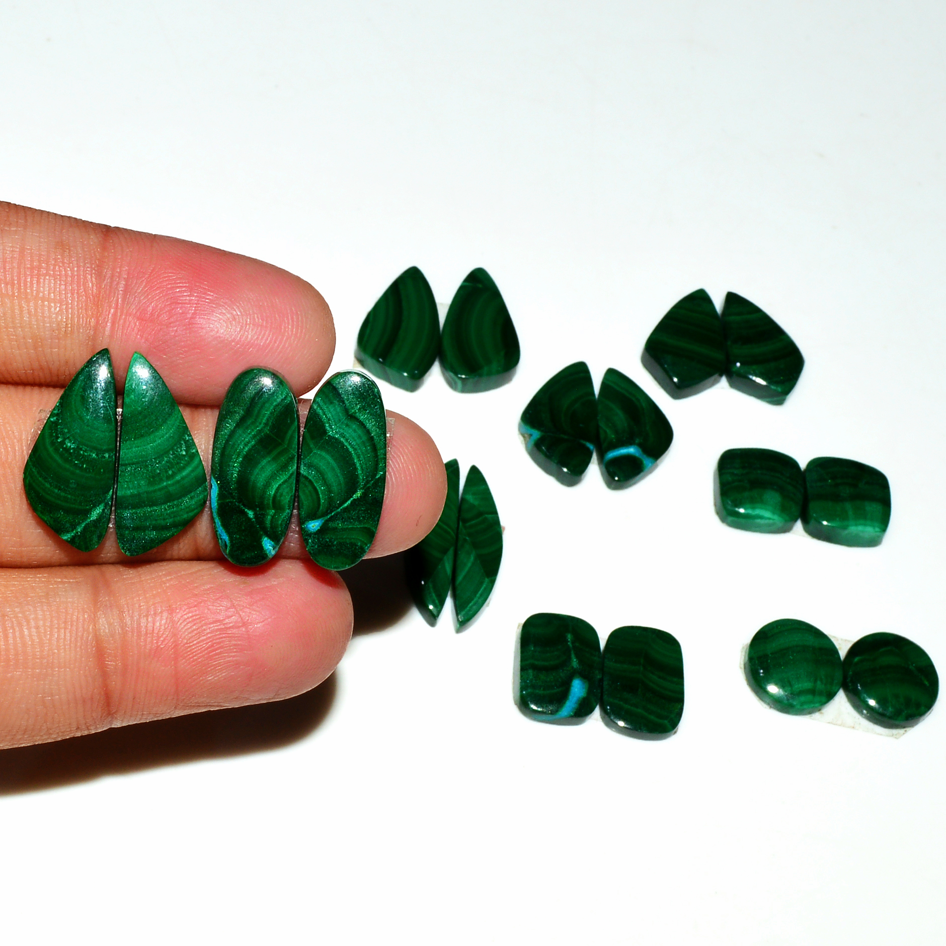 9 Pairs 134Cts Natural Malachite Loose Gemstone Cabochon Pair Lot for Silver Earrings 20x5 10x10mm 19095