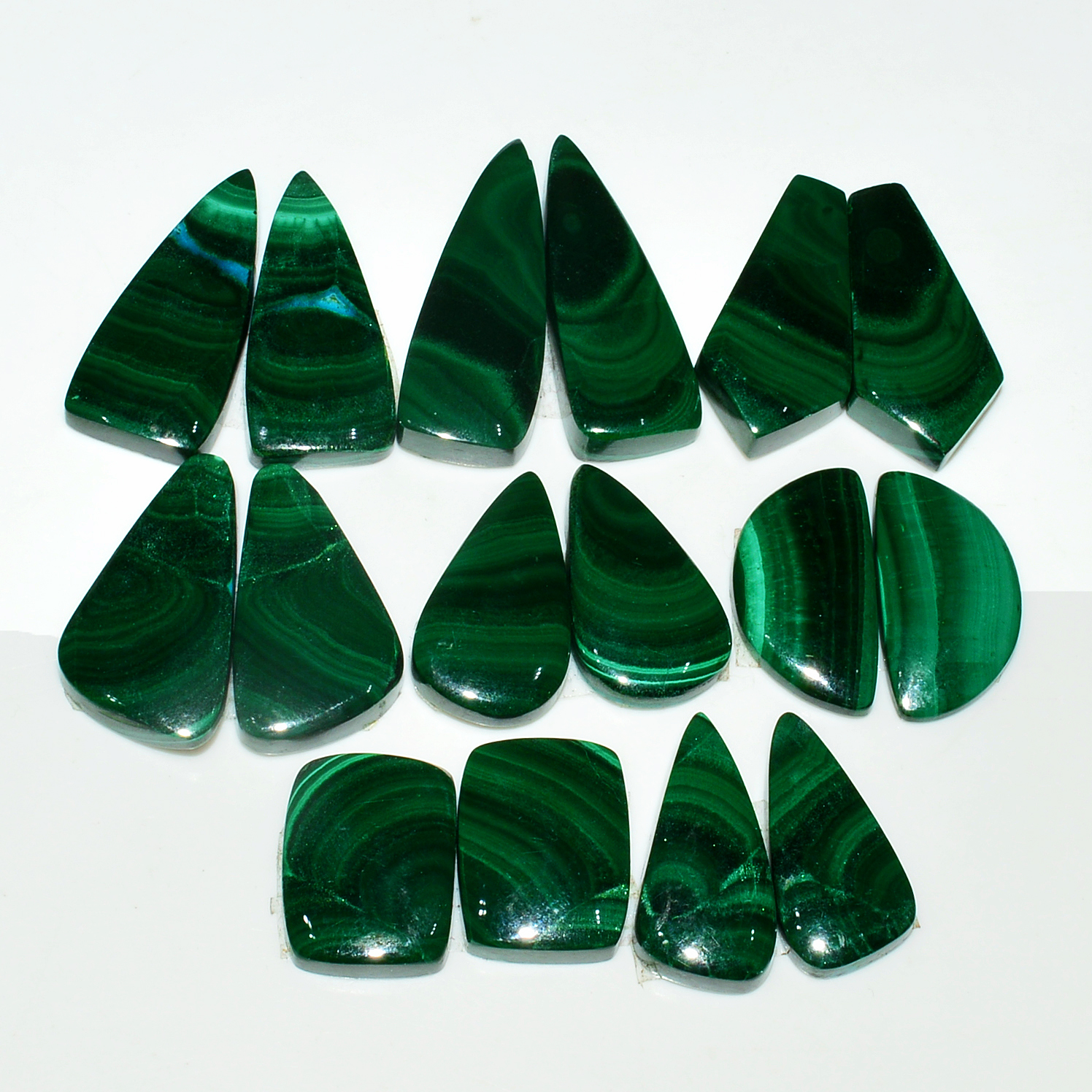 8 Pairs 221Cts Natural Malachite Loose Gemstone Cabochon Pair Lot for Silver Earrings 27x9 14x10mm 19097