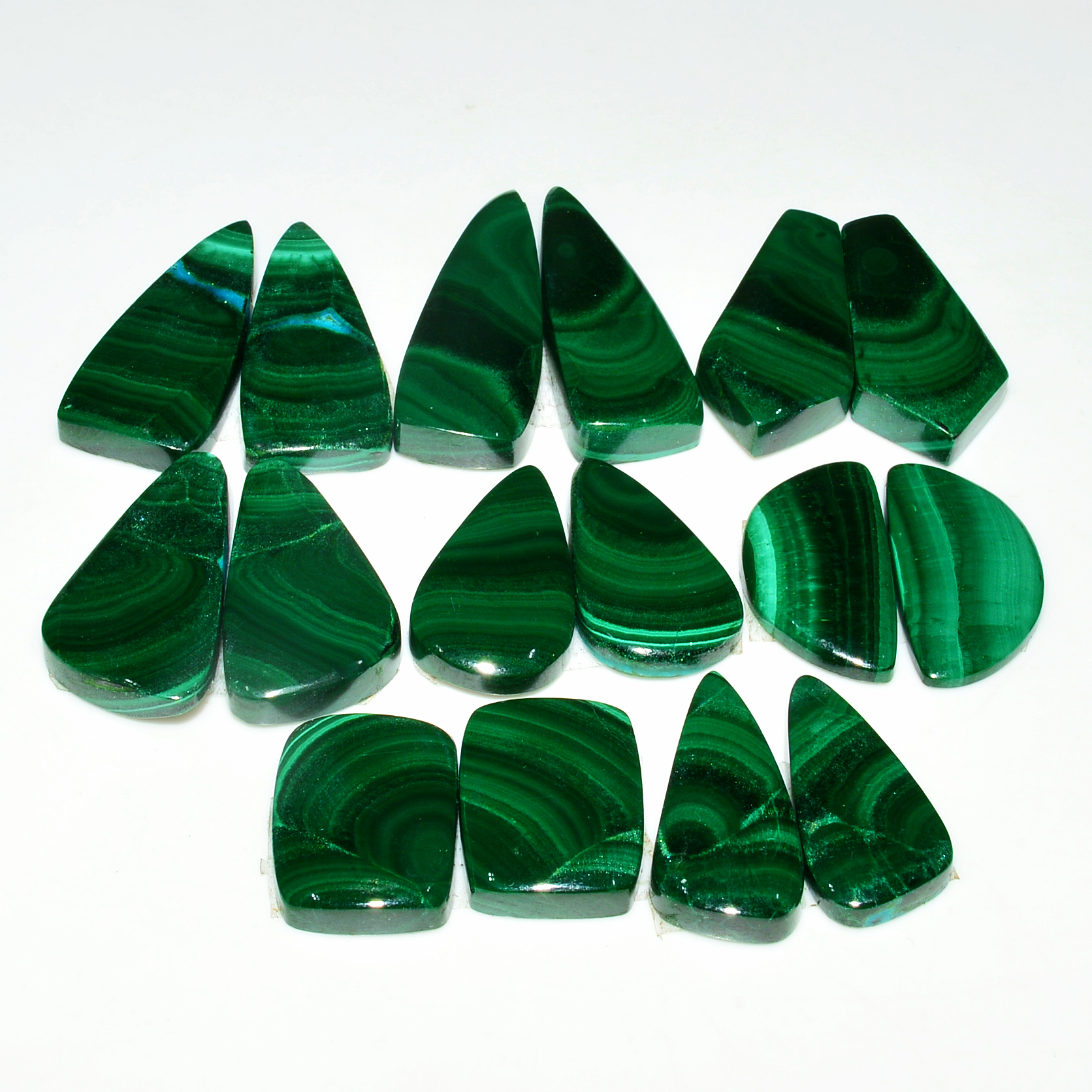 8 Pairs 221Cts Natural Malachite Loose Gemstone Cabochon Pair Lot for Silver Earrings 27x9 14x10mm 19097