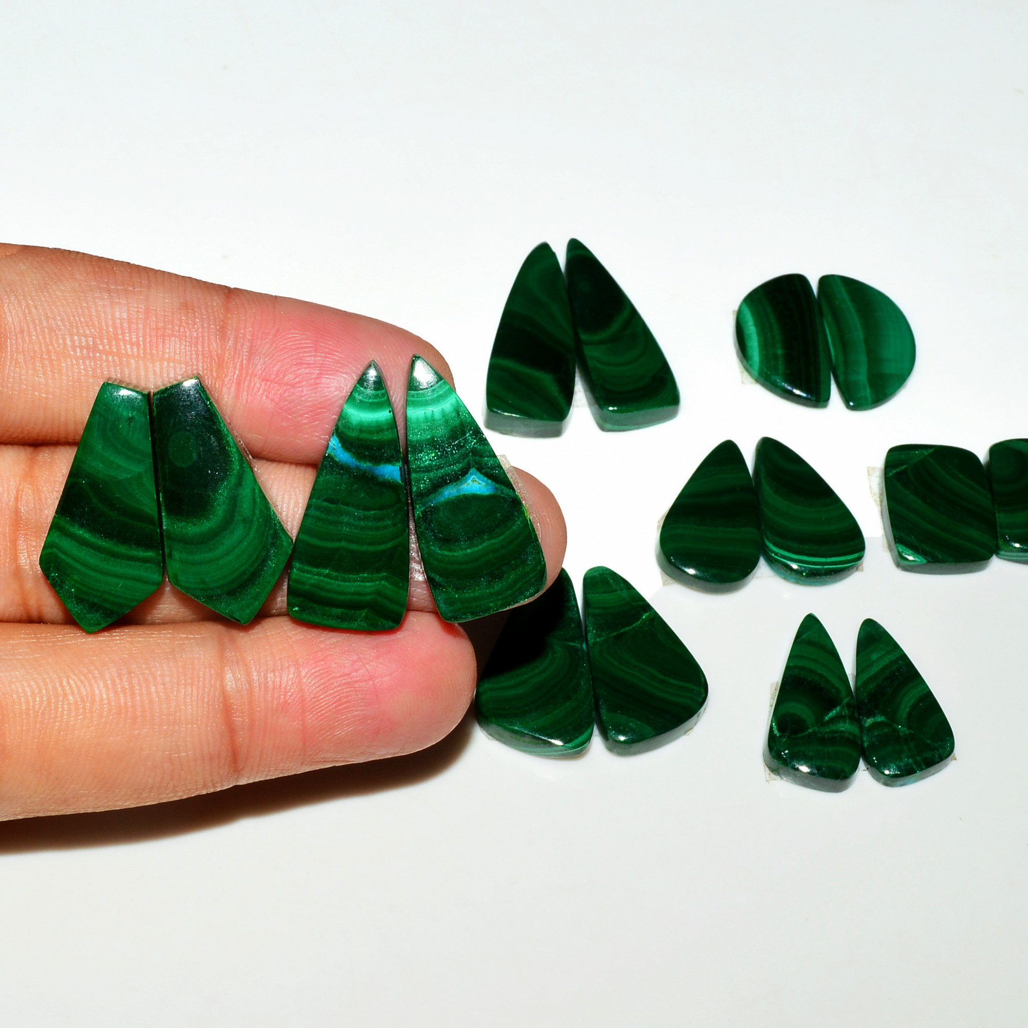 8 Pairs 221Cts Natural Malachite Loose Gemstone Cabochon Pair Lot for Silver Earrings 27x9 14x10mm 19097