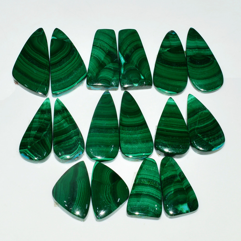 Image of 8 Pairs 252Cts Natural Malachite Loose Gemstone Cabochon Pair Lot for Silver Earrings 28x12  19x10mm #19098