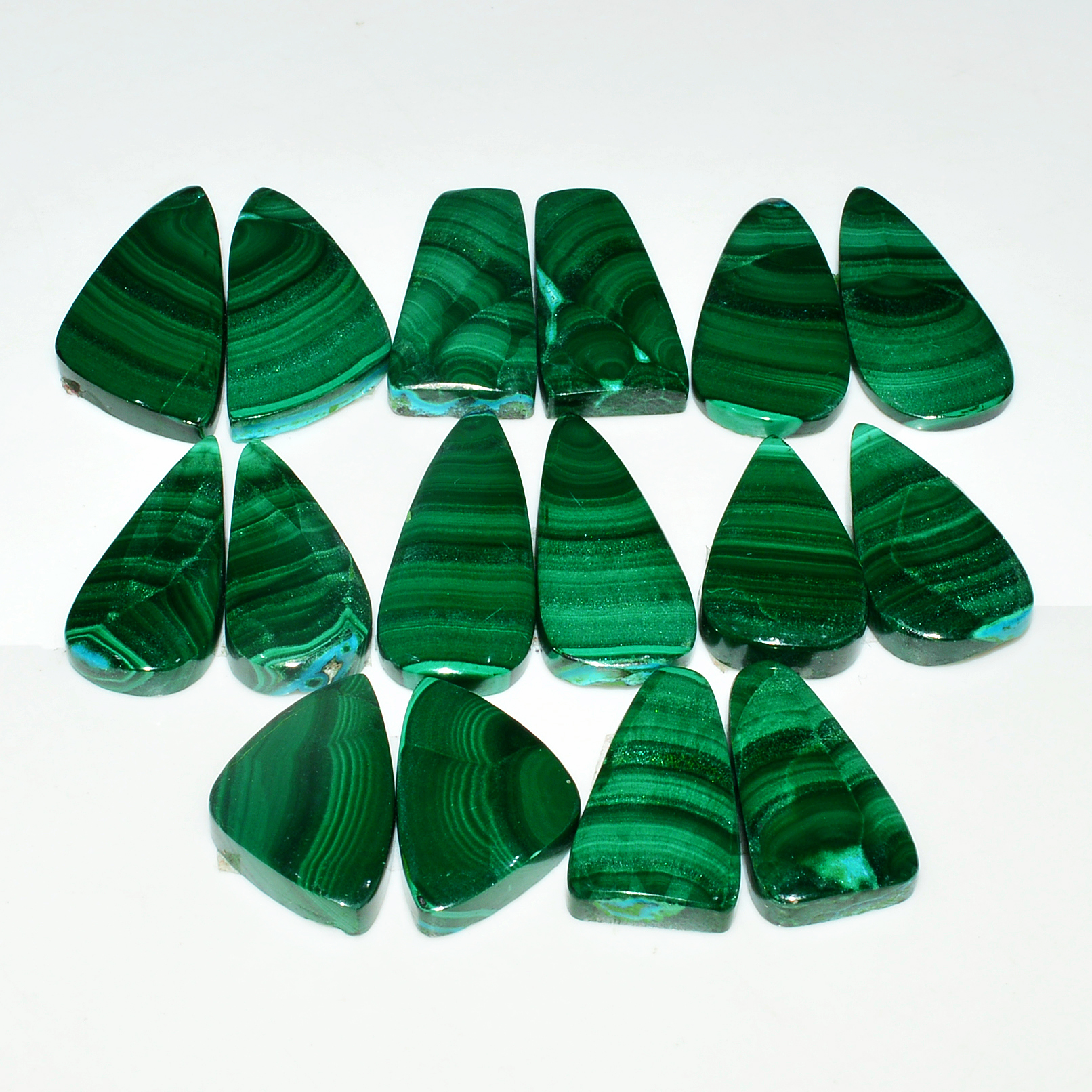 8 Pairs 252Cts Natural Malachite Loose Gemstone Cabochon Pair Lot for Silver Earrings 28x12  19x10mm 19098