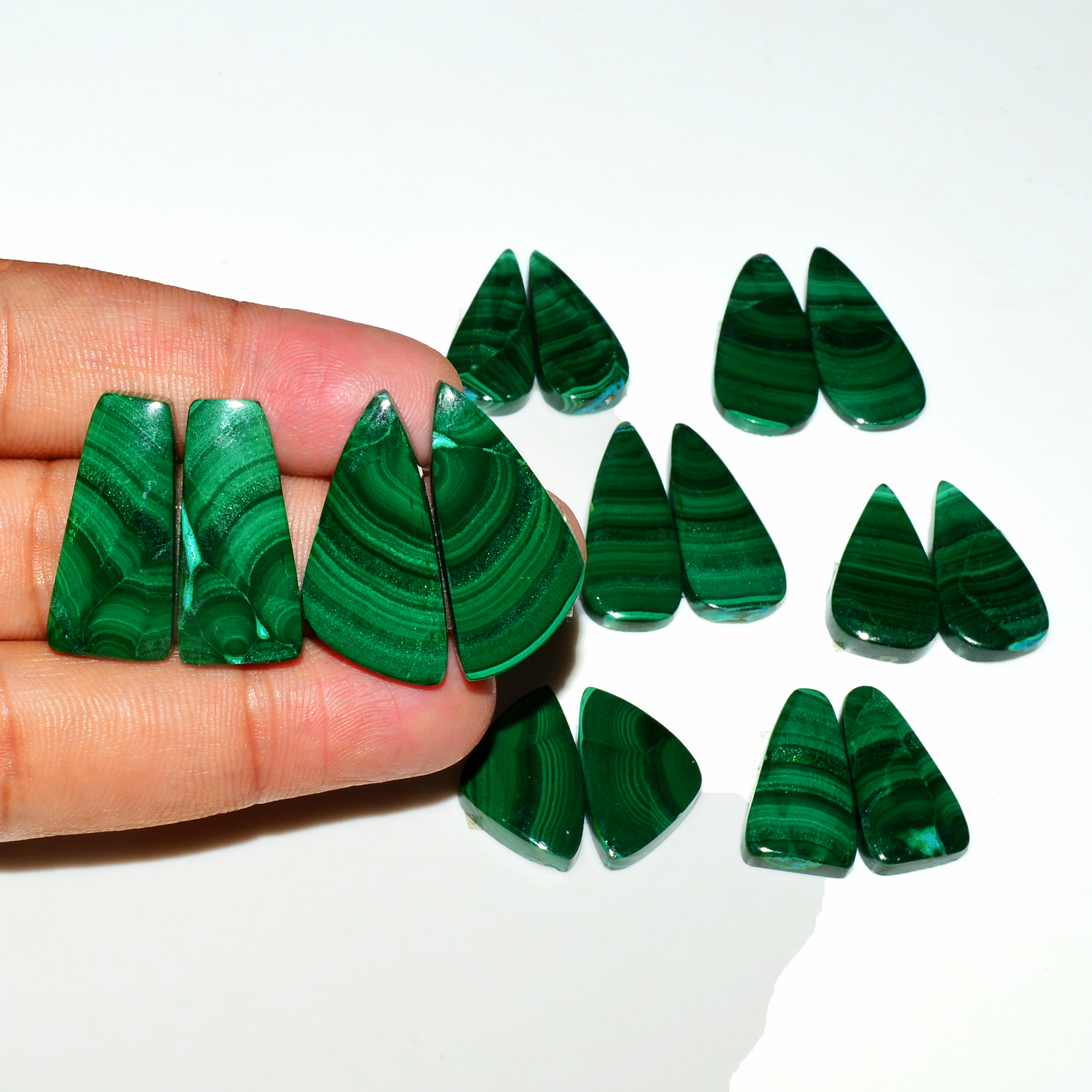 8 Pairs 252Cts Natural Malachite Loose Gemstone Cabochon Pair Lot for Silver Earrings 28x12 19x10mm 19098