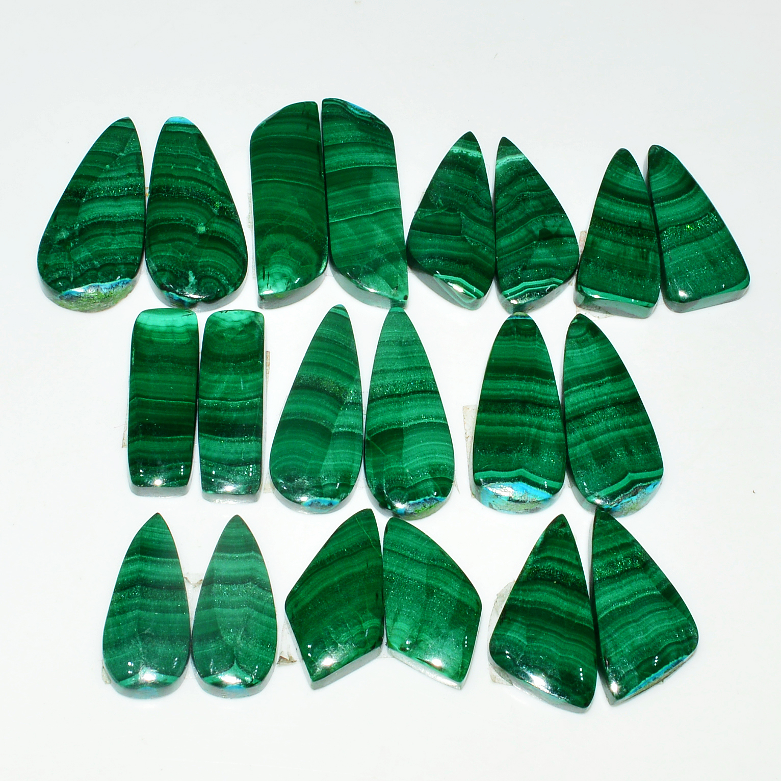 10 Pairs 254Cts Natural Malachite Loose Gemstone Cabochon Pair Lot for Silver Earrings 25x7 19x9mm 19099