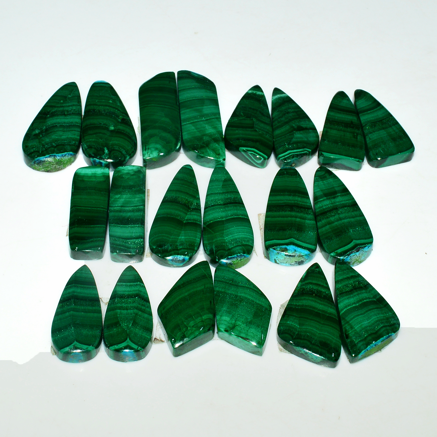10 Pairs 254Cts Natural Malachite Loose Gemstone Cabochon Pair Lot for Silver Earrings 25x7 19x9mm 19099