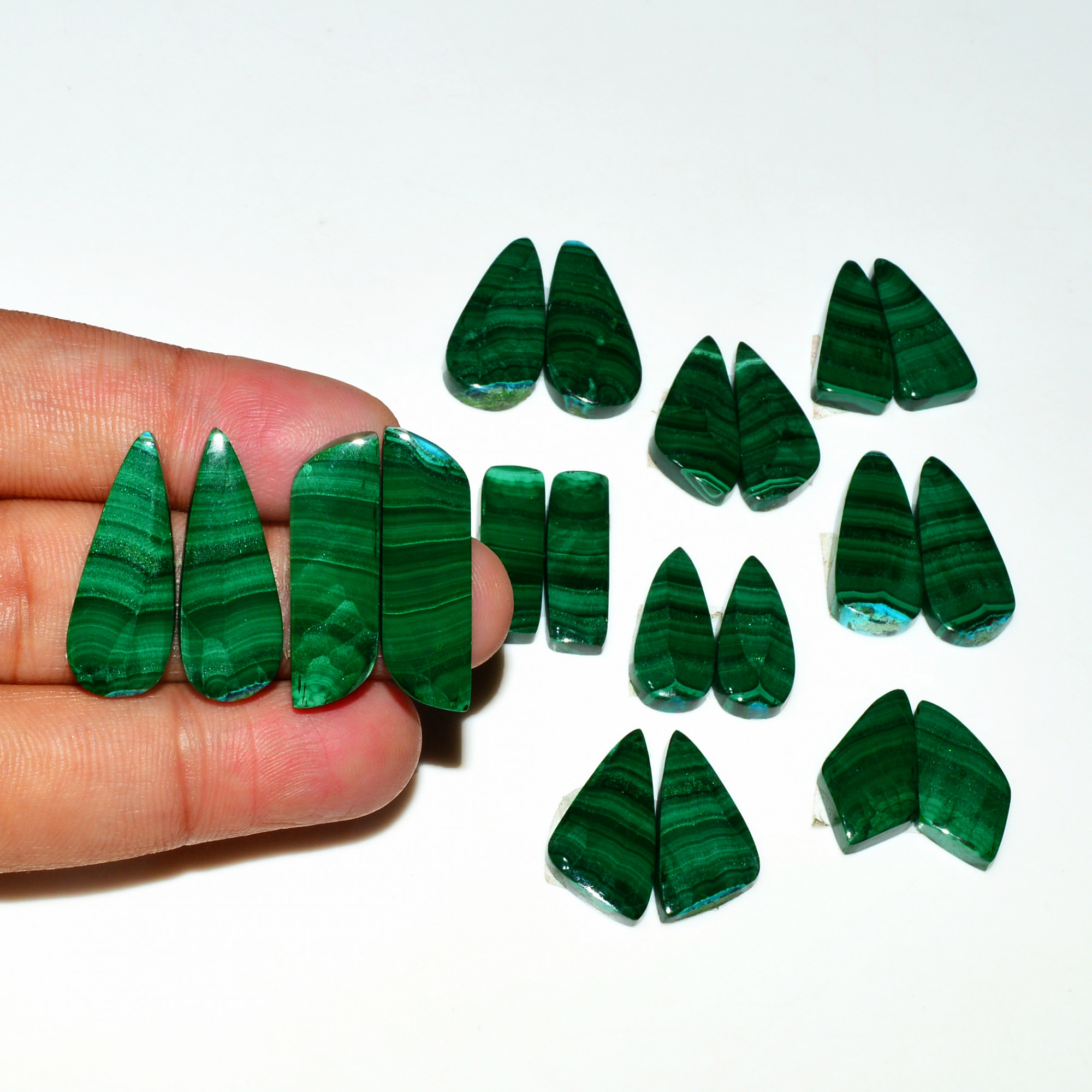 10 Pairs 254Cts Natural Malachite Loose Gemstone Cabochon Pair Lot for Silver Earrings 25x7 19x9mm 19099