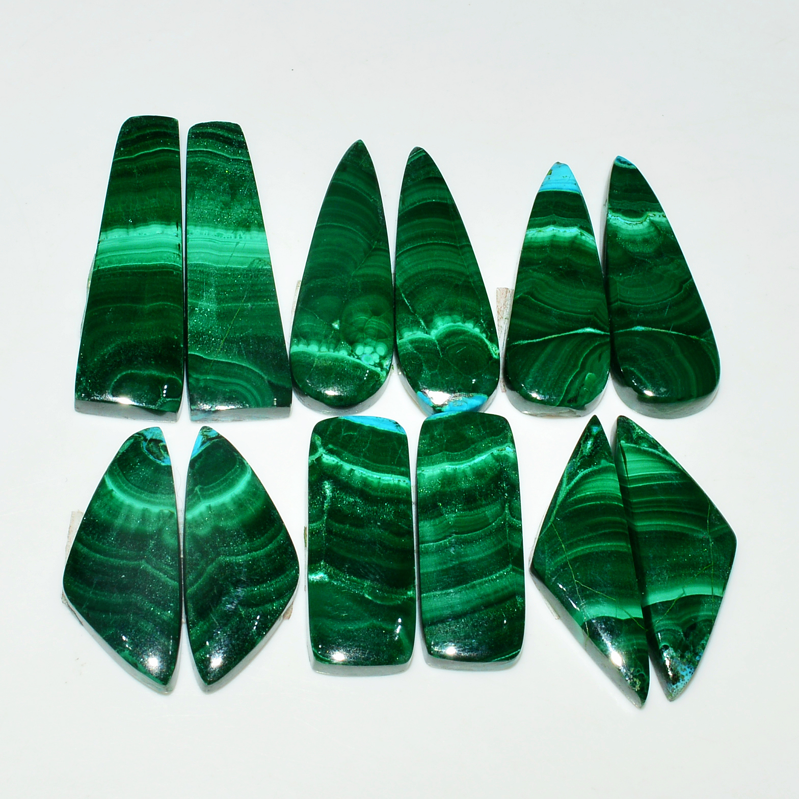 6 Pairs 213Cts Natural Malachite Loose Gemstone Cabochon Pair Lot for Silver Earrings 32x9 25x10mm 19100