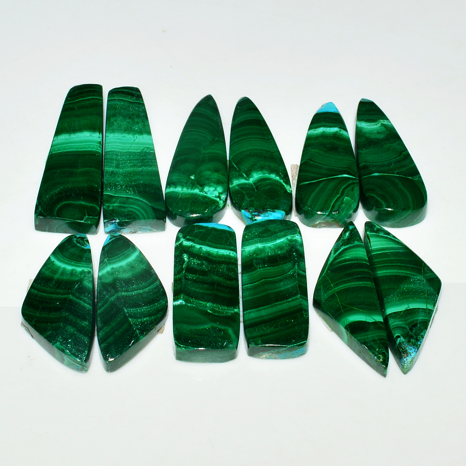 6 Pairs 213Cts Natural Malachite Loose Gemstone Cabochon Pair Lot for Silver Earrings 32x9 25x10mm 19100