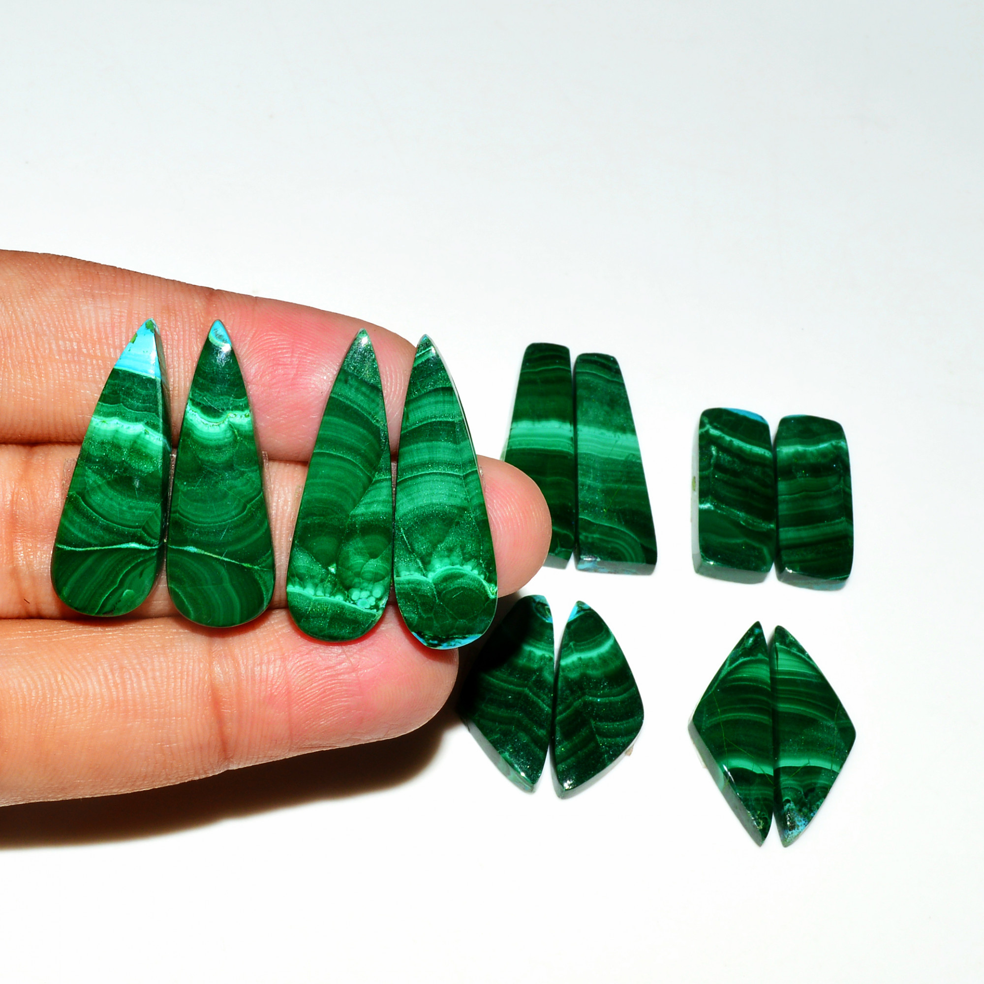 6 Pairs 213Cts Natural Malachite Loose Gemstone Cabochon Pair Lot for Silver Earrings 32x9 25x10mm 19100