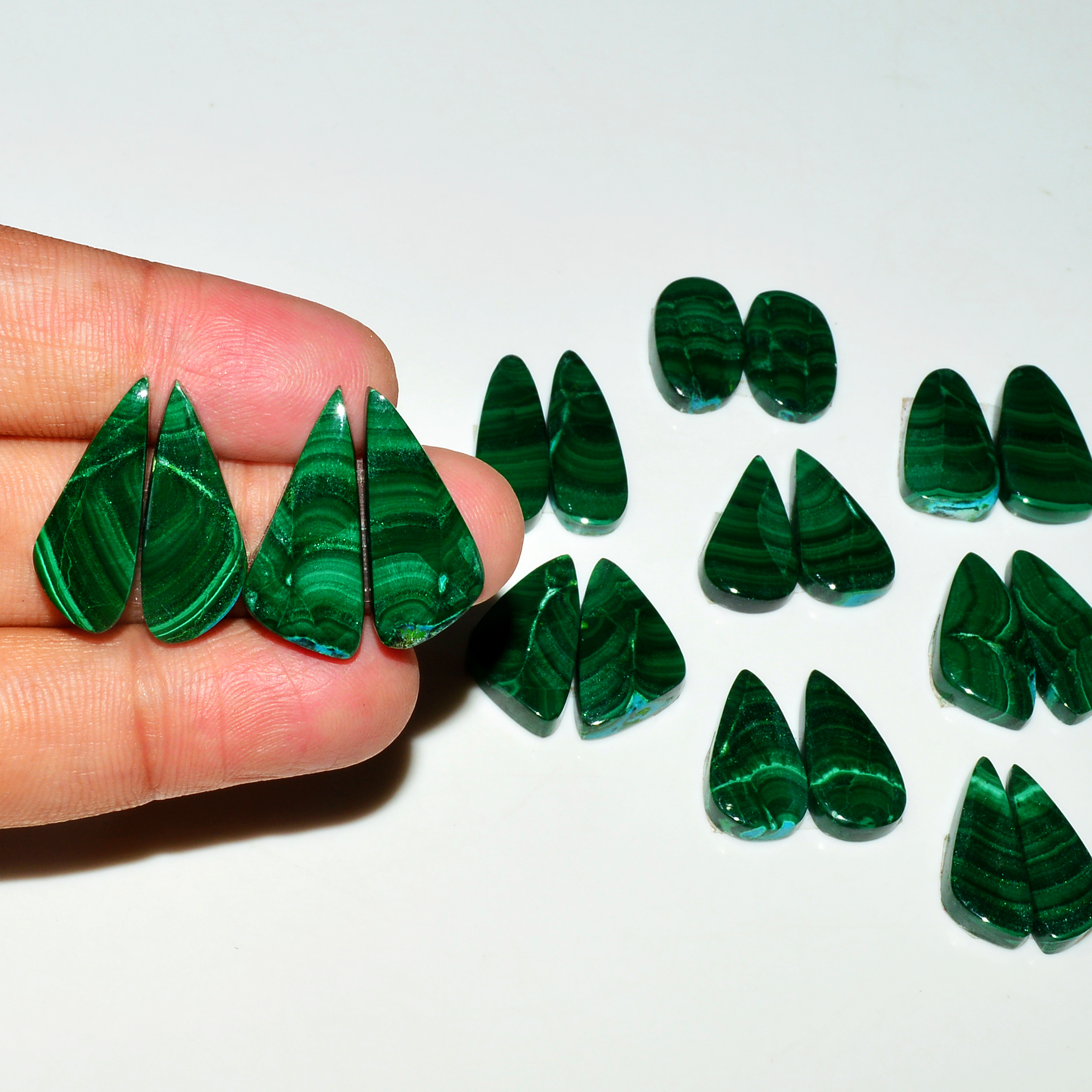 10 Pairs 230Cts Natural Malachite Loose Gemstone Cabochon Pair Lot for Silver Earrings 22x9 16x10mm 19101