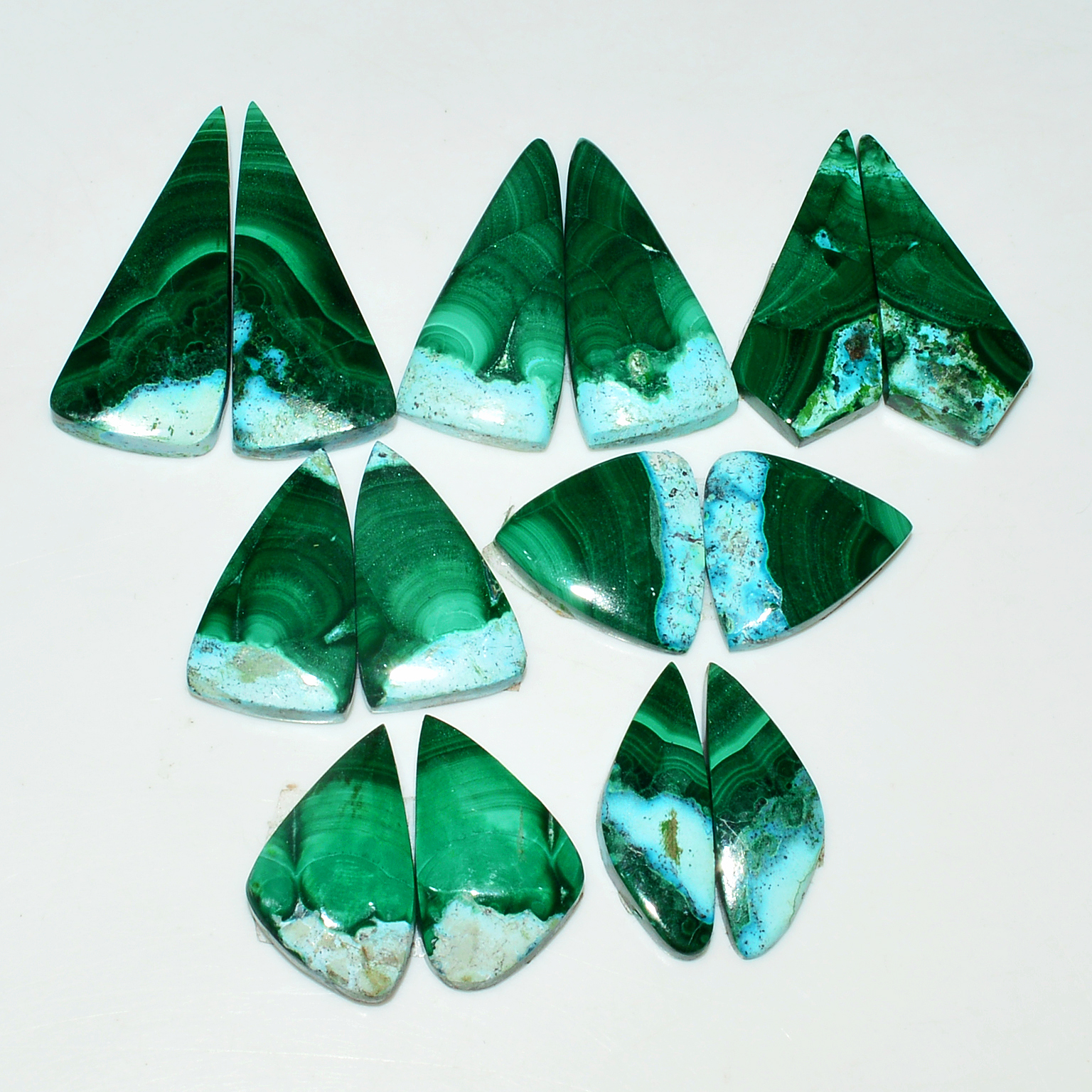 7 Pairs 160Cts Natural Malachite Loose Gemstone Cabochon Pair Lot for Silver Earrings 28x10 15x14mm 19102