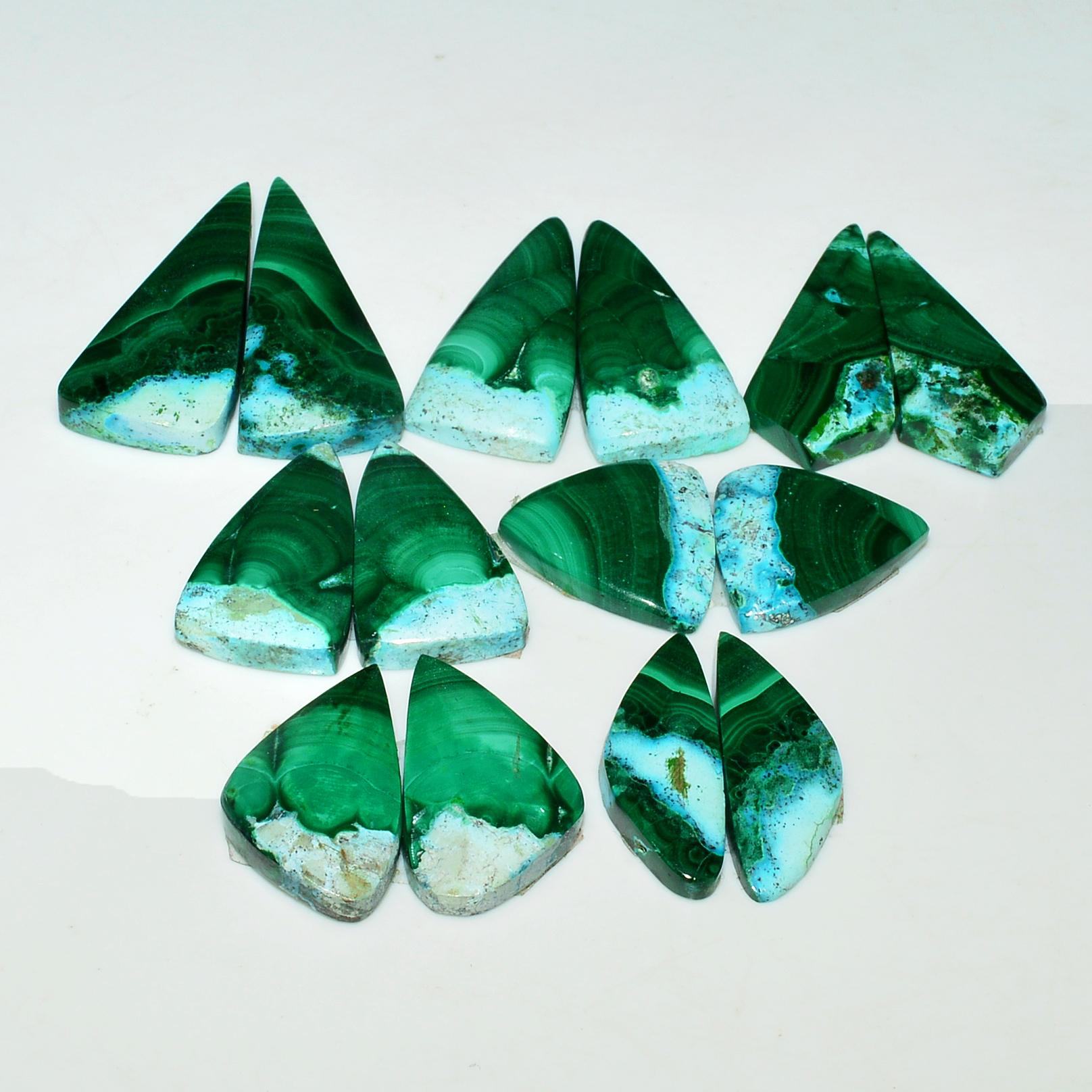 7 Pairs 160Cts Natural Malachite Loose Gemstone Cabochon Pair Lot for Silver Earrings 28x10 15x14mm 19102