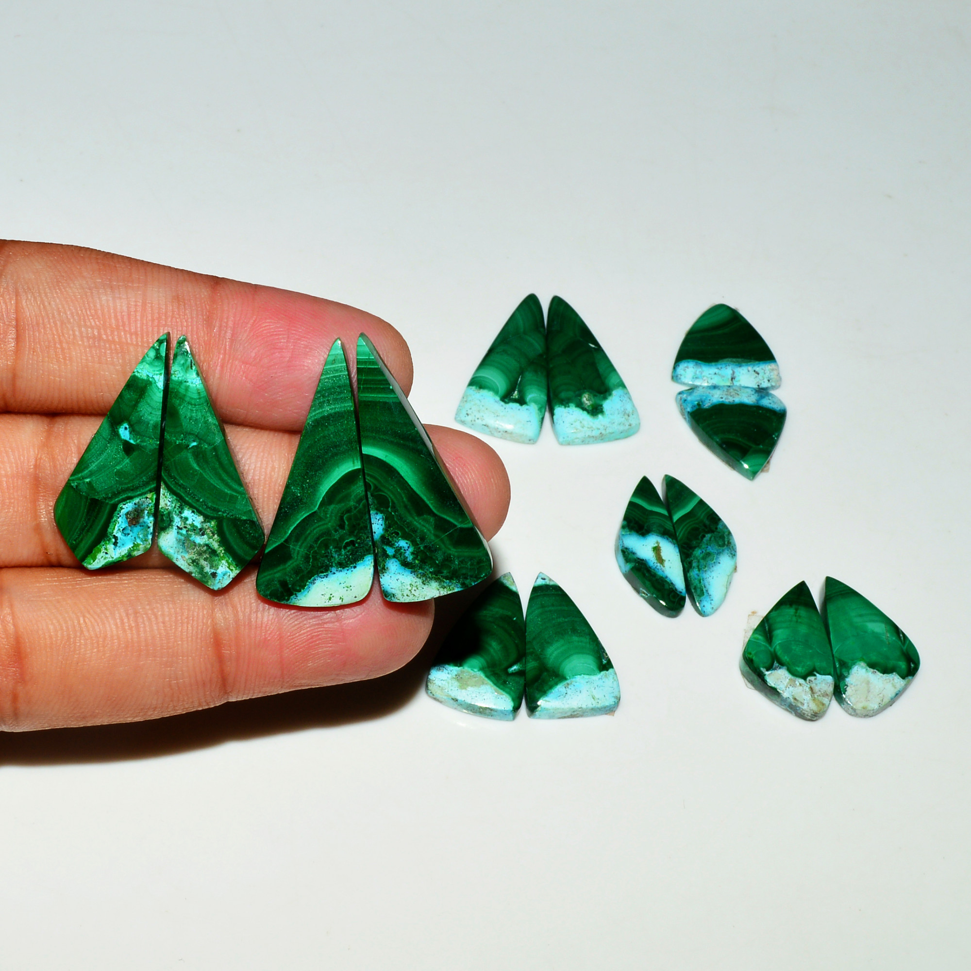 7 Pairs 160Cts Natural Malachite Loose Gemstone Cabochon Pair Lot for Silver Earrings 28x10 15x14mm 19102