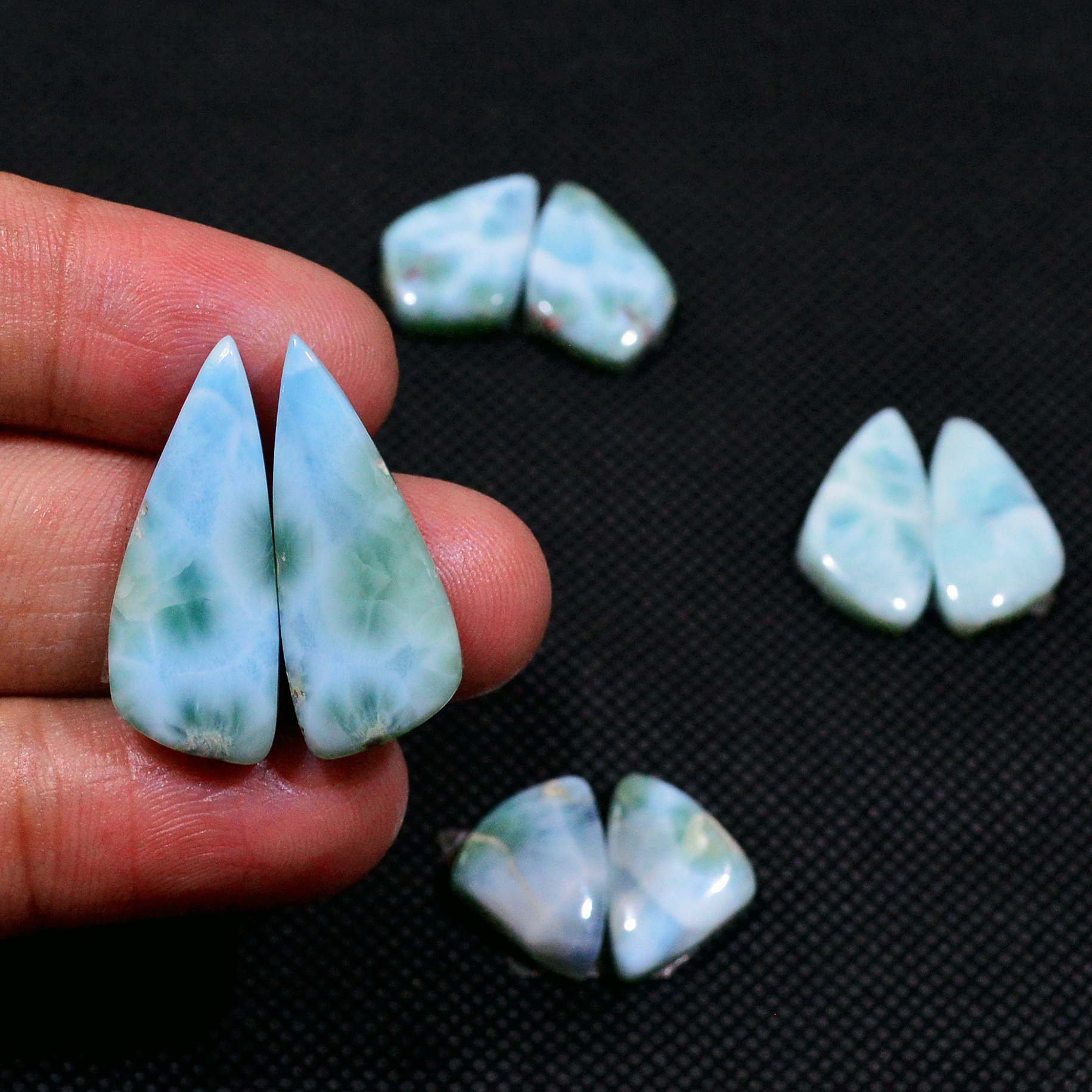 4 Pairs 69Cts Natural Blue Larimar Designer Cabochon Gemstone Earring Pair 25x9 14x9mm 19103