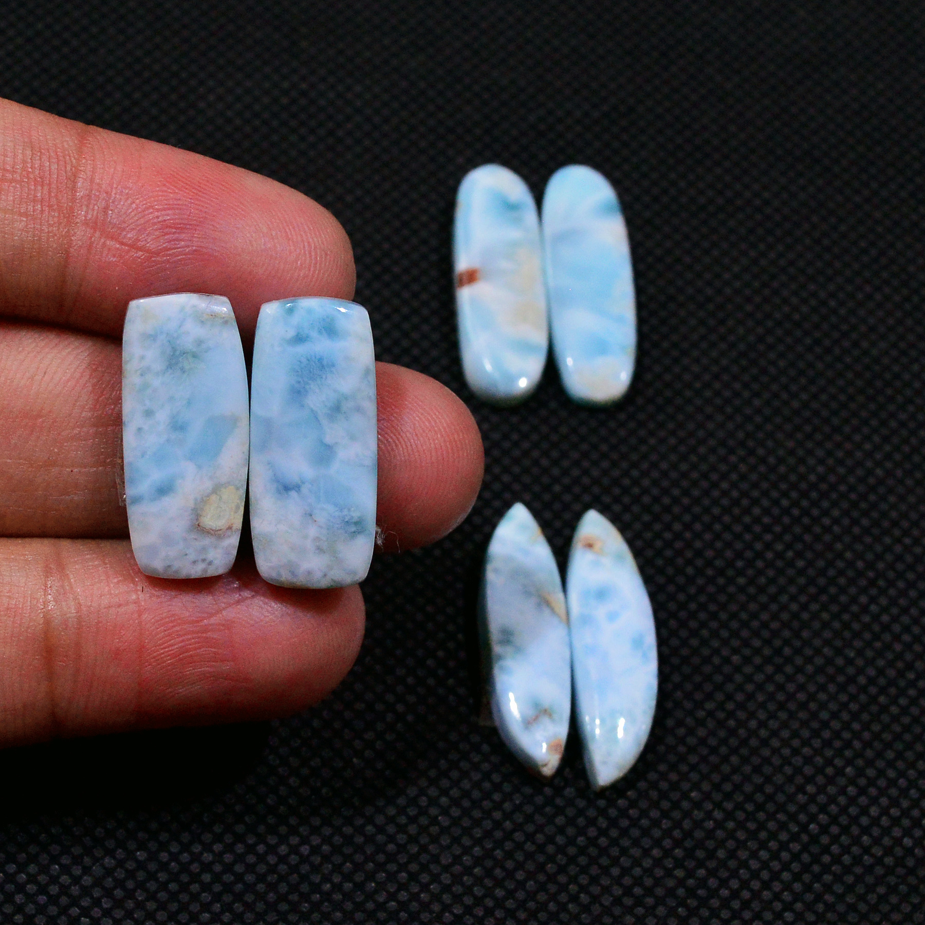 3 Pairs 57Cts Natural Blue Larimar Designer Cabochon Gemstone Earring Pair 25x5 20x8mm 19105