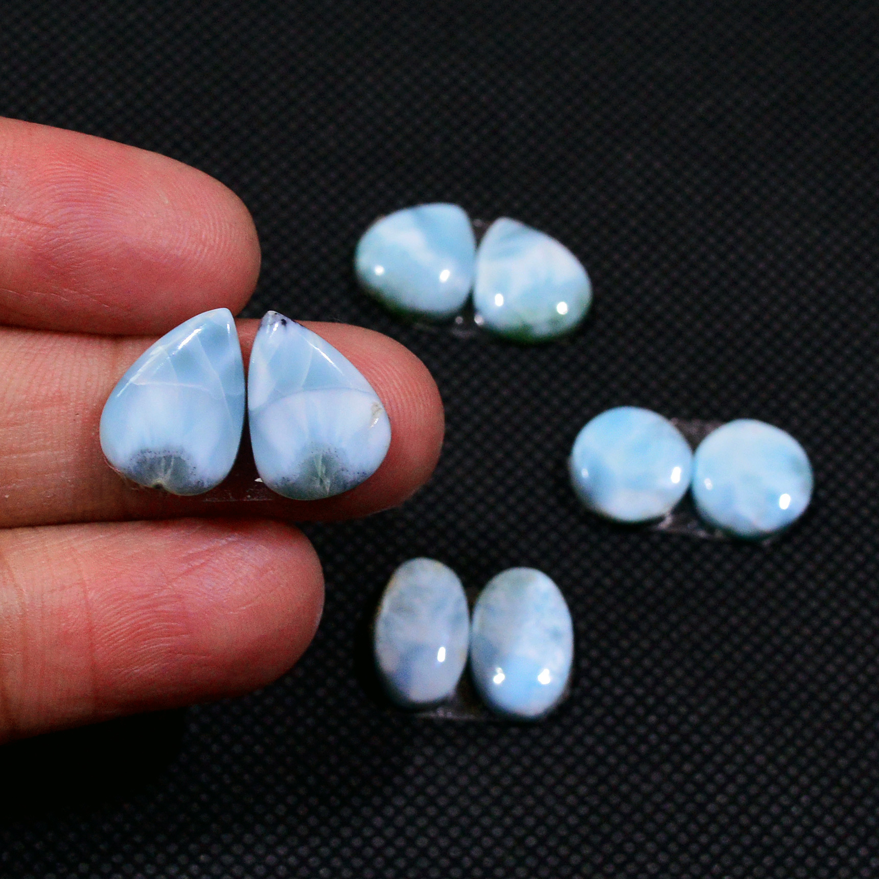 4 Pairs 37Cts Natural Blue Larimar Designer Cabochon Gemstone Earring Pair 12x8 9x9mm 19106