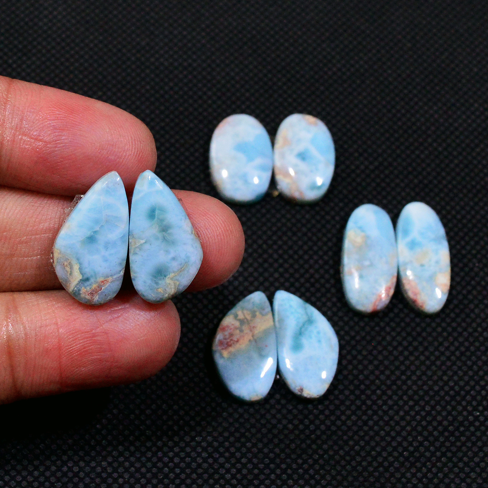 4 Pairs 63Cts Natural Blue Larimar Designer Cabochon Gemstone Earring Pair 19x8 15x10mm 19111