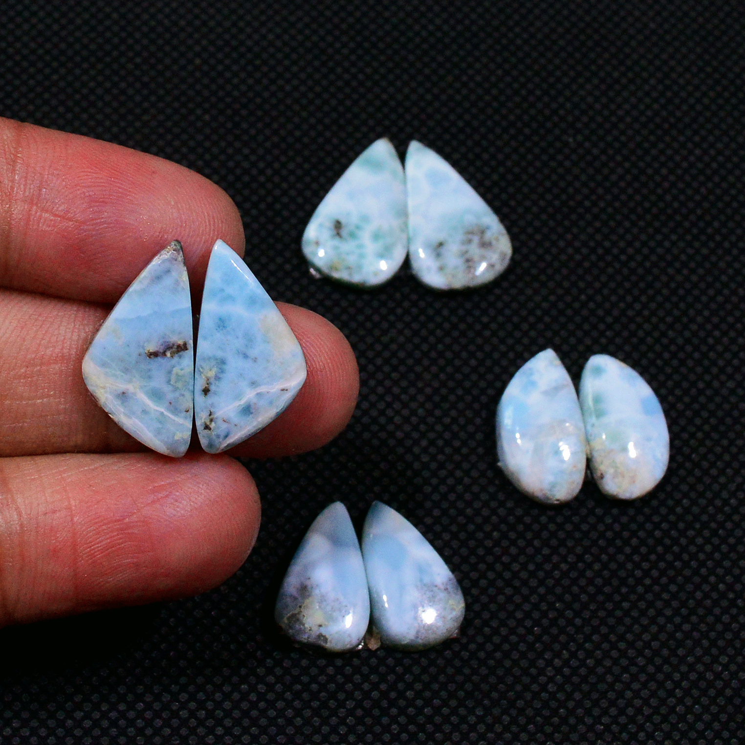4 Pairs 49Cts Natural Blue Larimar Designer Cabochon Gemstone Earring Pair 17x10 15x7mm 19113