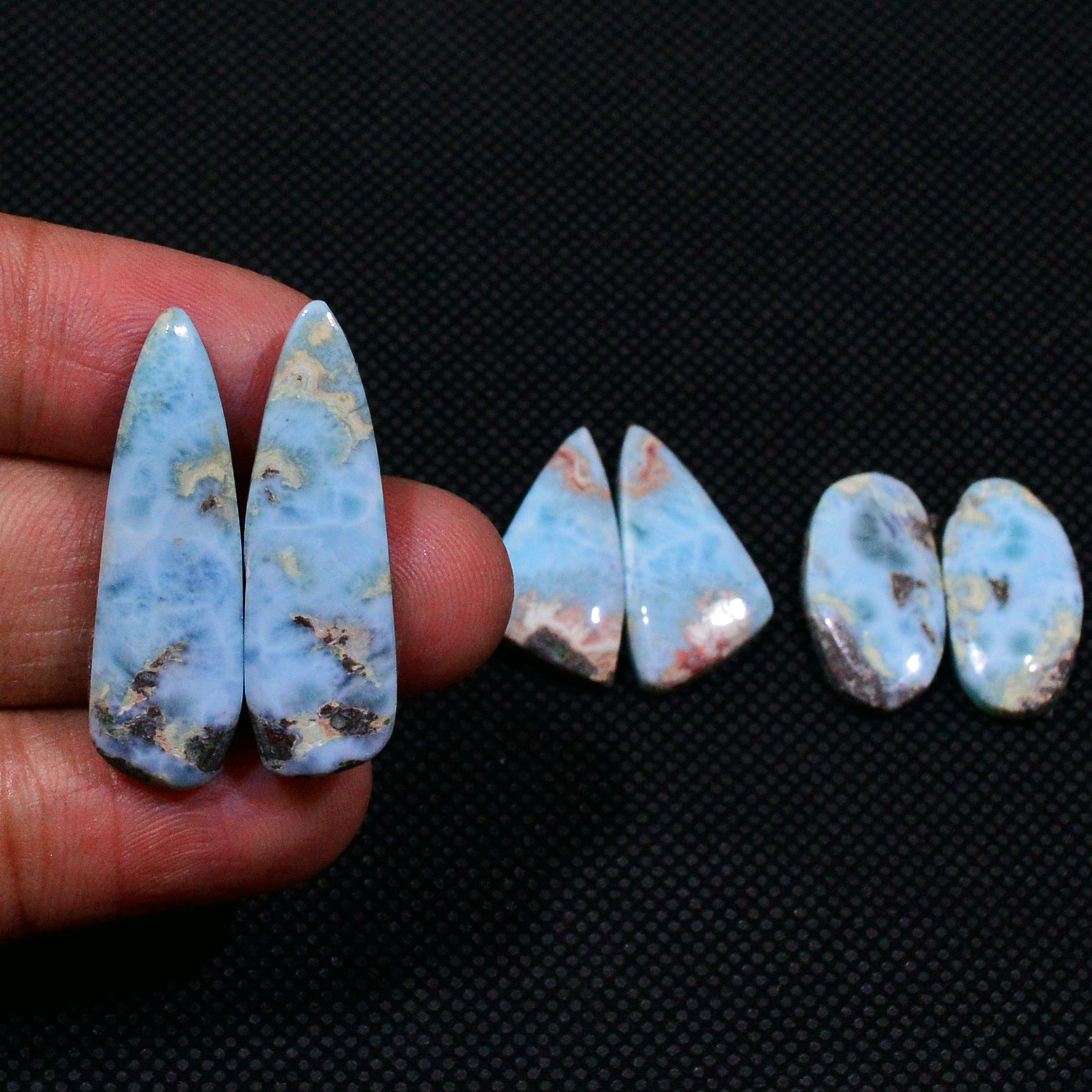 3 Pairs 60Cts Natural Blue Larimar Designer Cabochon Gemstone Earring Pair 30x8 19x9mm 19117