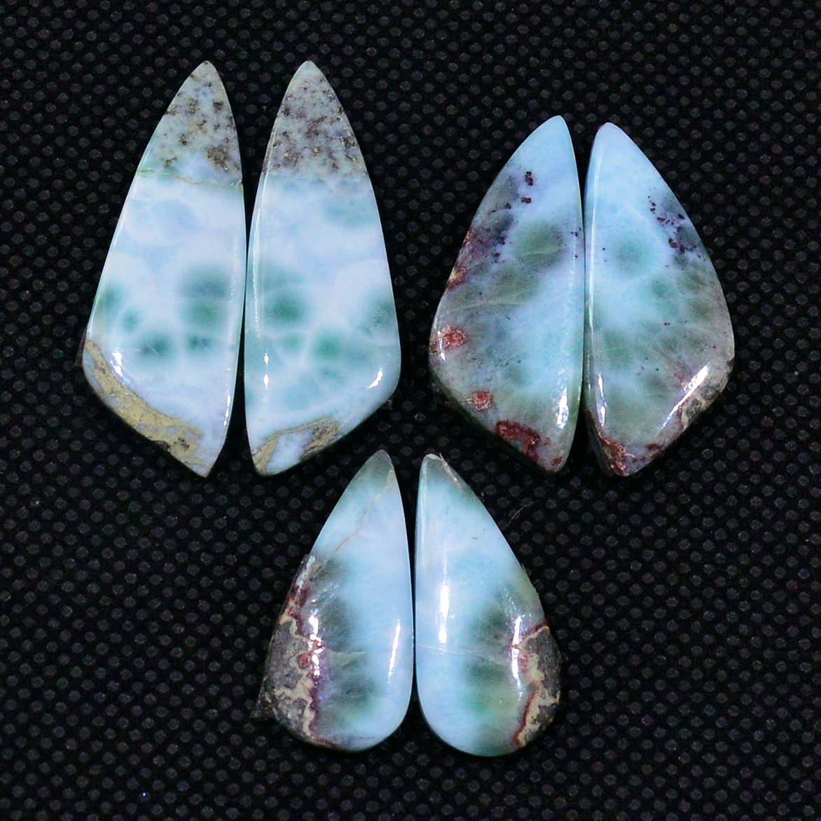 3 Pairs 635Cts Natural Larimar Gemstone Cabochon Pair Lot For Jewelry Making 30x10 20x9mm 19120