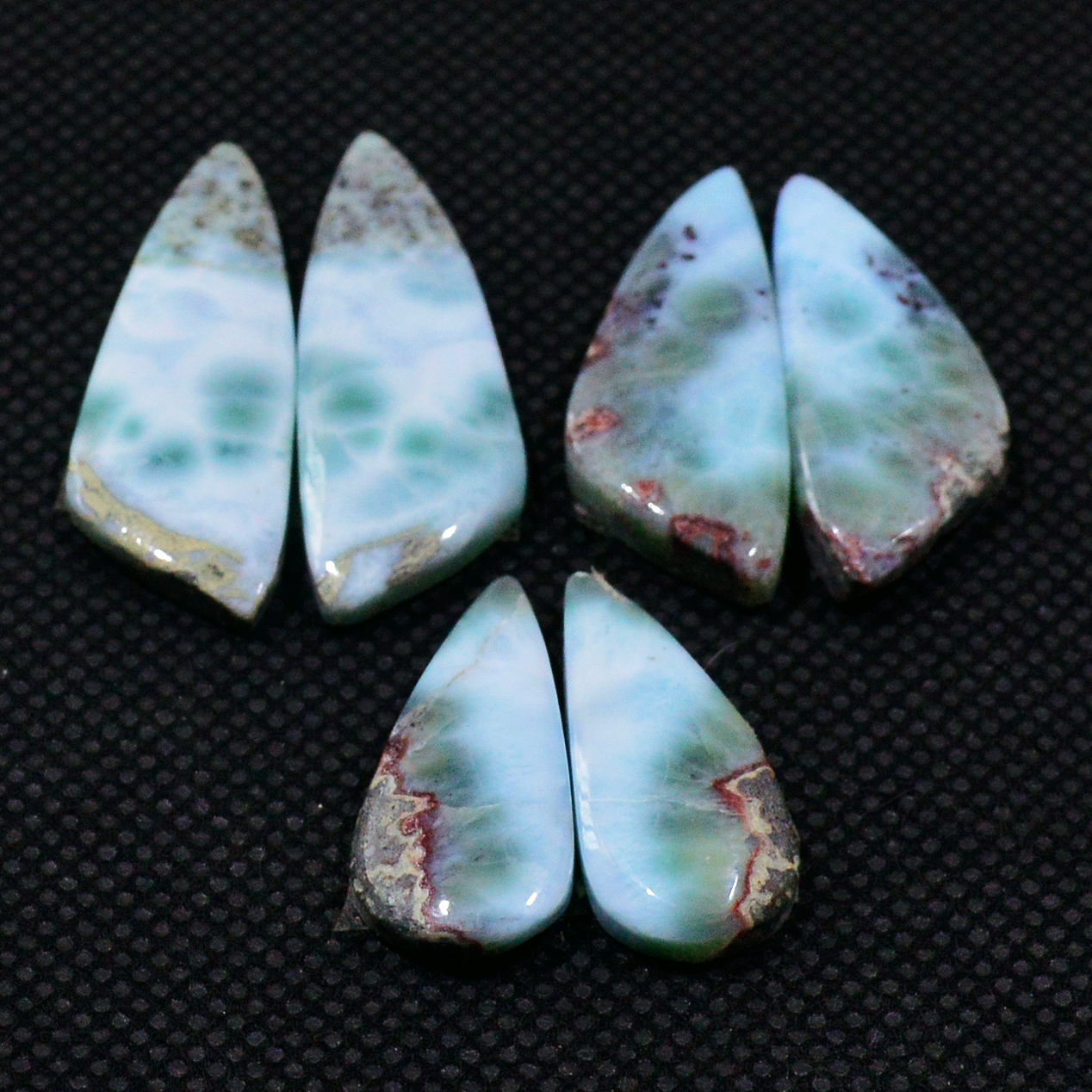 3 Pairs 635Cts Natural Larimar Gemstone Cabochon Pair Lot For Jewelry Making 30x10 20x9mm 19120