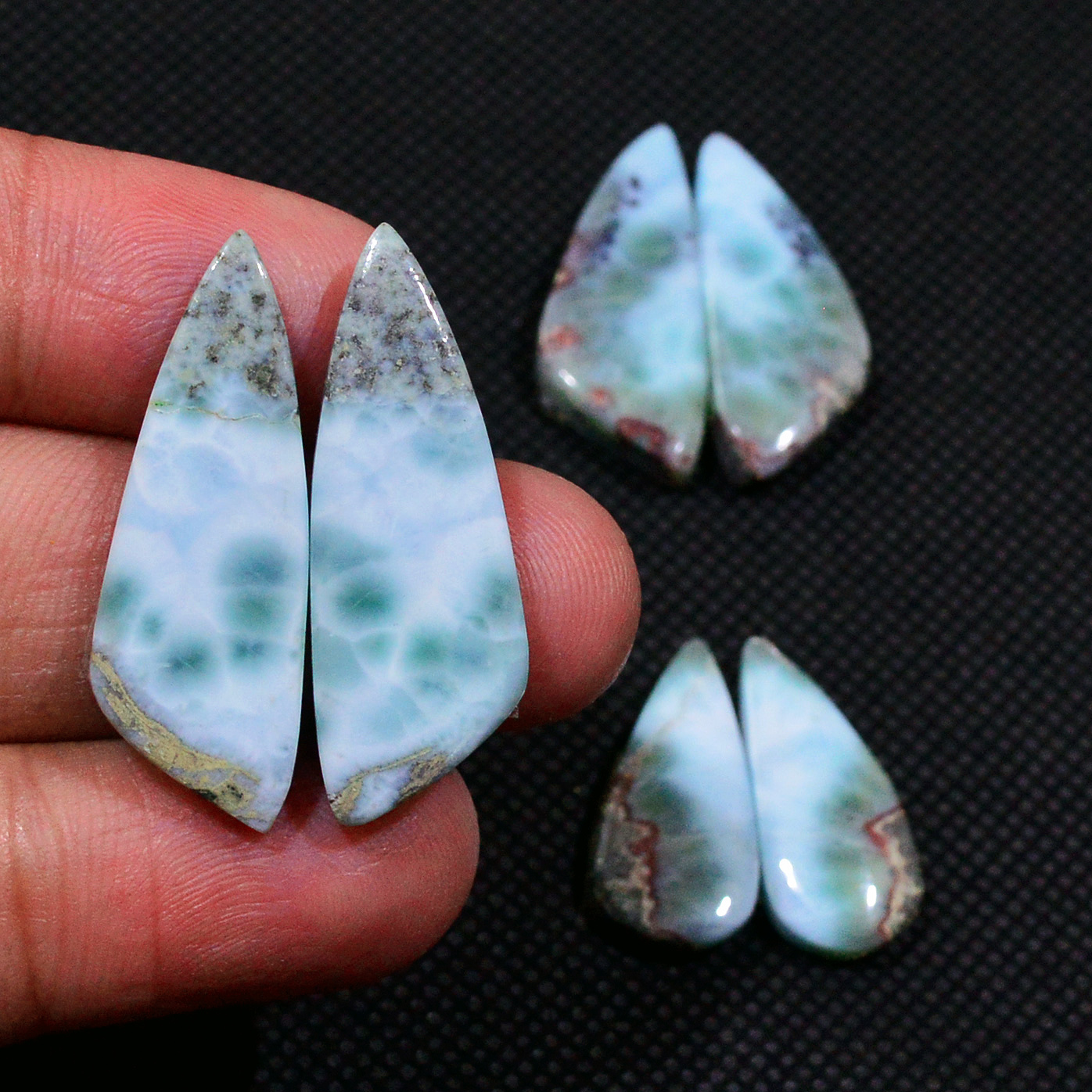 3 Pairs 635Cts Natural Larimar Gemstone Cabochon Pair Lot For Jewelry Making 30x10 20x9mm 19120