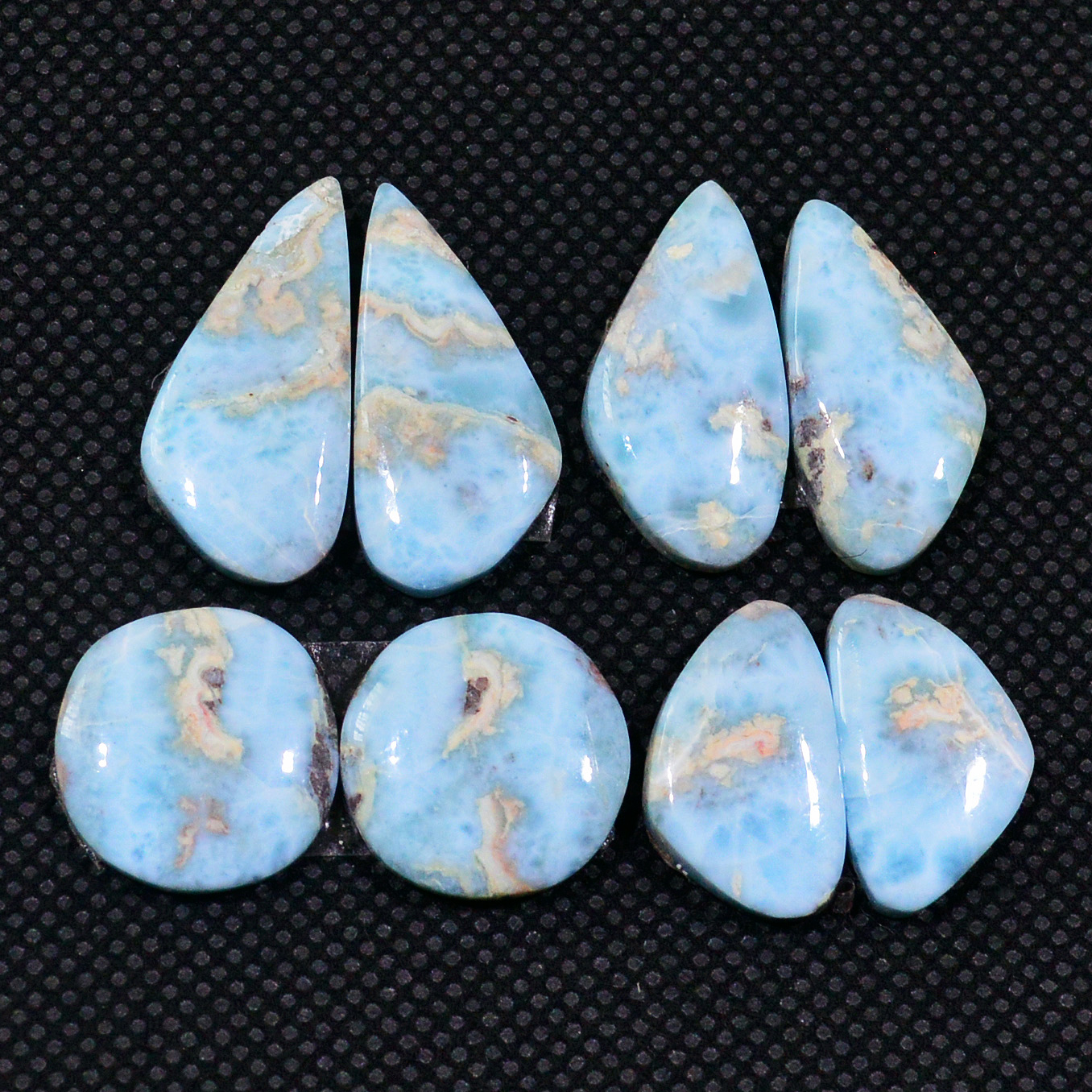 4 Pairs 70Cts Natural Larimar Gemstone Cabochon Pair Lot For Jewelry Making 23x10 13x13mm 19121