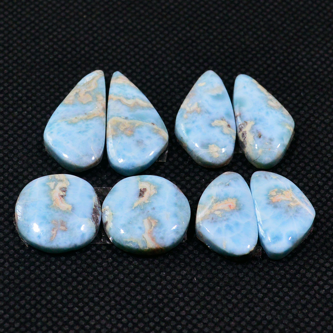 4 Pairs 70Cts Natural Larimar Gemstone Cabochon Pair Lot For Jewelry Making 23x10 13x13mm 19121