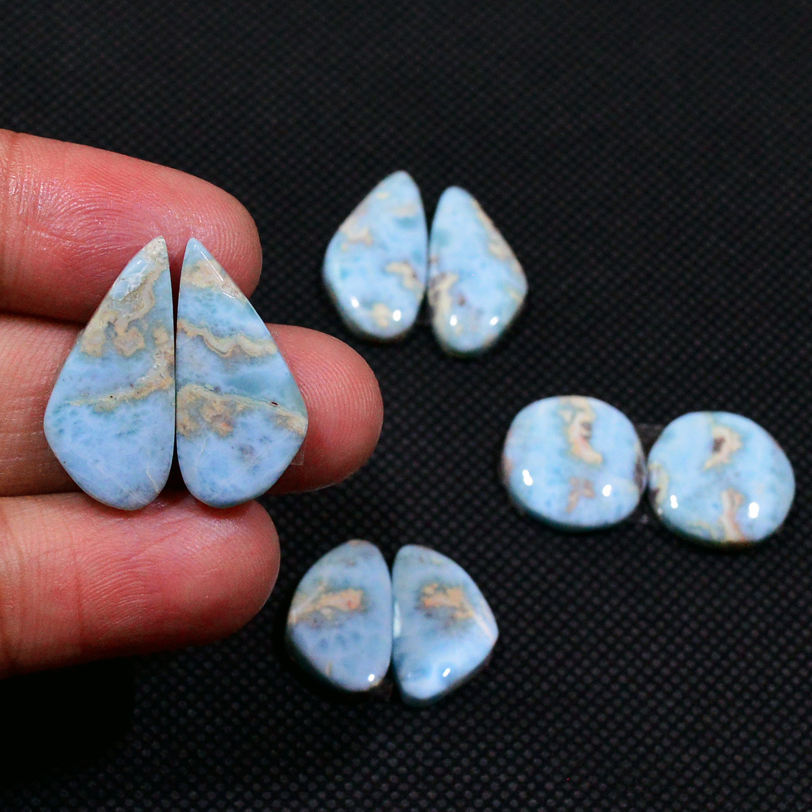 4 Pairs 70Cts Natural Larimar Gemstone Cabochon Pair Lot For Jewelry Making 23x10 13x13mm 19121