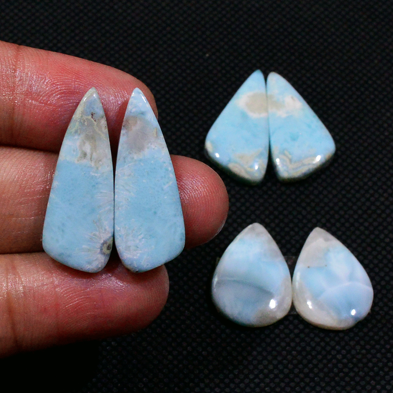 3 Pairs 64Cts Natural Larimar Gemstone Cabochon Pair Lot For Jewelry Making 26x9 19x13mm 19122