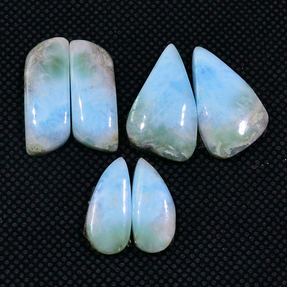 3 Pairs 53Cts Natural Larimar Gemstone Cabochon Pair Lot For Jewelry Making 20x12 16x6mm 19124