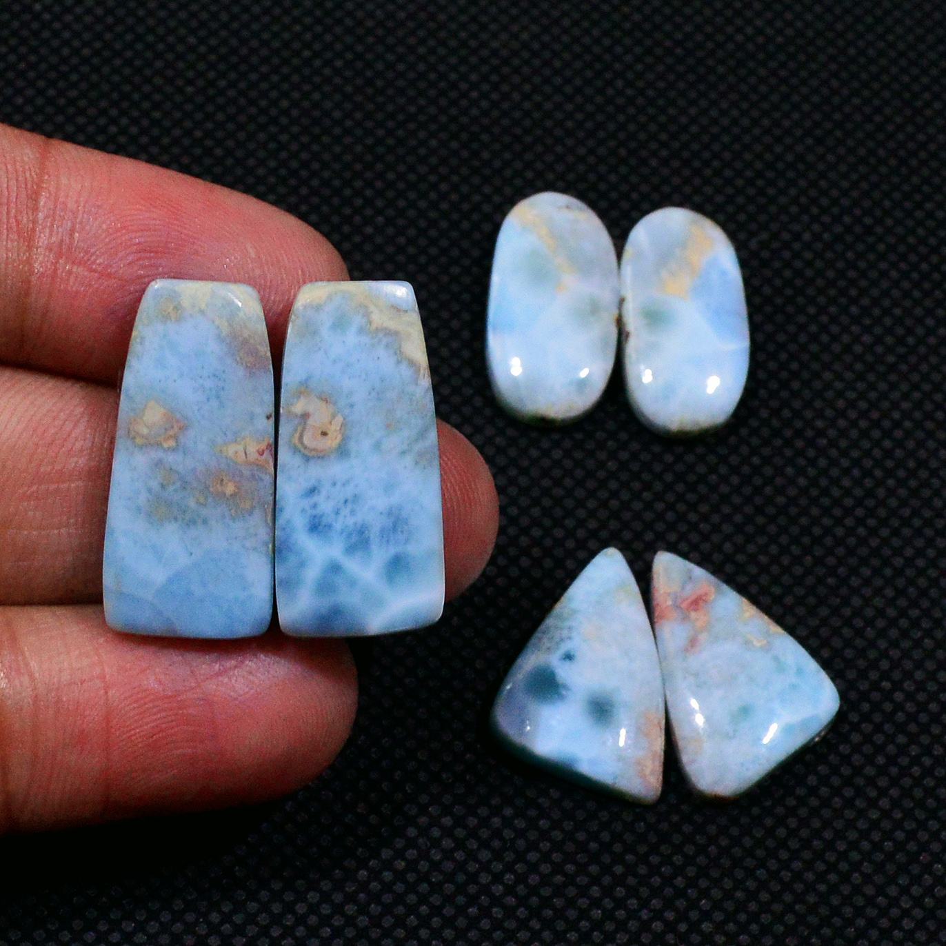 3 Pairs 63Cts Natural Larimar Gemstone Cabochon Pair Lot For Jewelry Making 22x9 17x12mm 19125