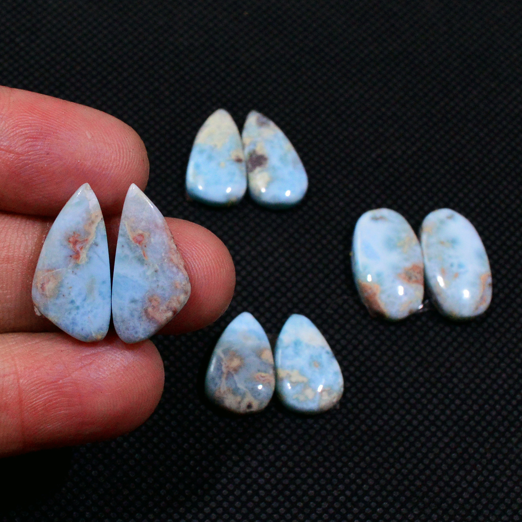 4 Pairs 58Cts Natural Larimar Gemstone Cabochon Pair Lot For Jewelry Making 18x9 9x9mm 19126
