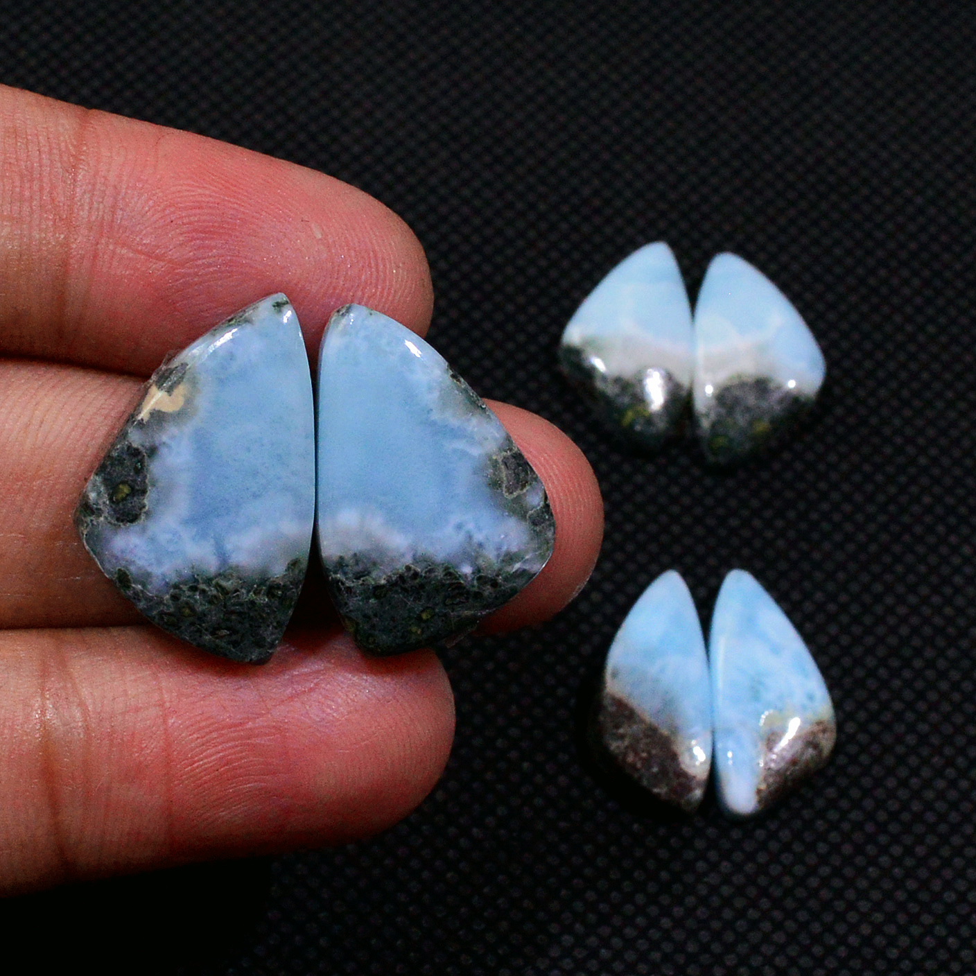 3 Pairs 52Cts Natural Larimar Gemstone Cabochon Pair Lot For Jewelry Making 20x13 17x7mm 19127
