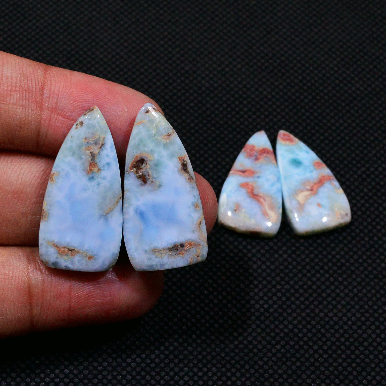 2 Pairs 60Cts Natural Larimar Gemstone Cabochon Pair Lot For Jewelry Making 27x13 23x11mm 19128