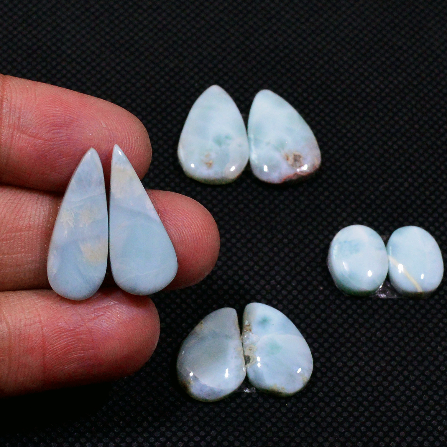 4 Pairs 52Cts Natural Larimar Gemstone Cabochon Pair Lot For Jewelry Making 20x7 10x7mm 19129