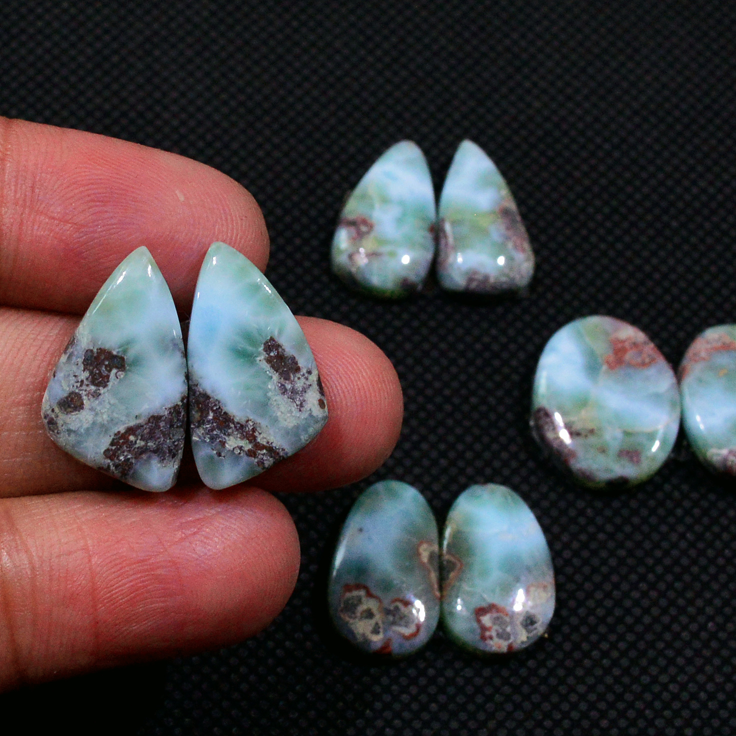 4 Pairs 75Cts Natural Larimar Gemstone Cabochon Pair Lot For Jewelry Making 16X13 16x8mm 19130