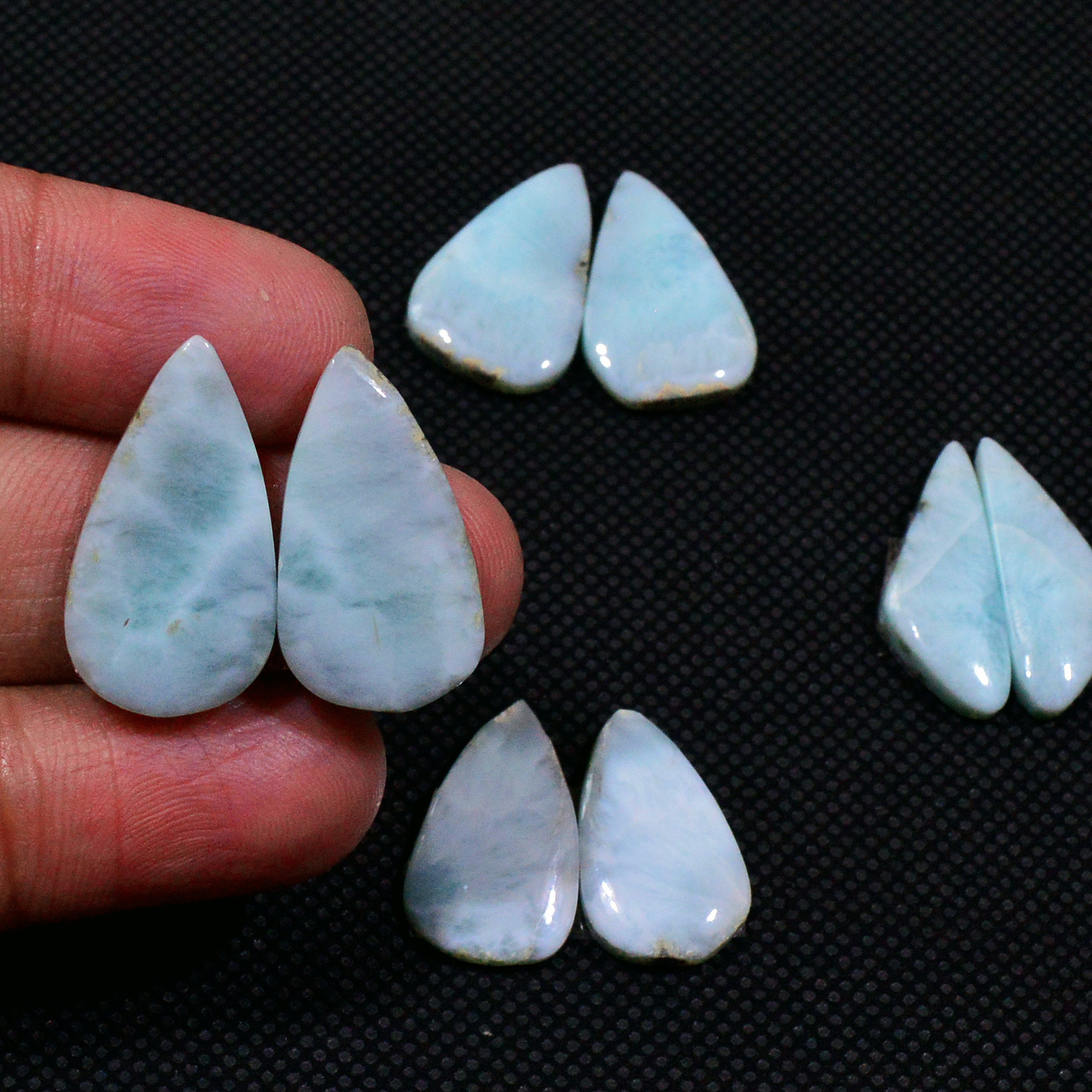 4 Pairs 67Cts Natural Larimar Gemstone Cabochon Pair Lot For Jewelry Making 20X12  18X10mm 19131
