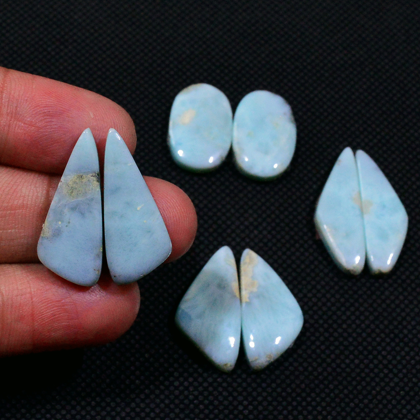 4 Pairs 83Cts Natural Larimar Gemstone Cabochon Pair Lot For Jewelry Making 25x7 18x11mm 19133