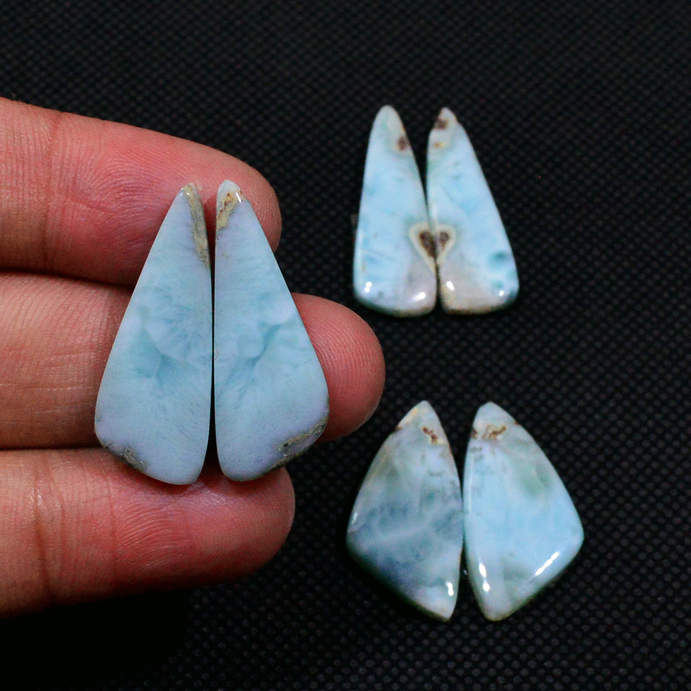 3 Pairs 65Cts Natural Larimar Gemstone Cabochon Pair Lot For Jewelry Making 28x8 25x11mm 19134